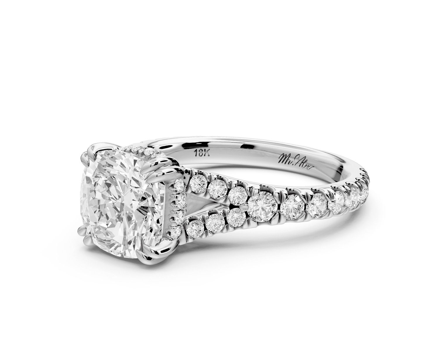 Rosalie - 2ct platinum cushion Pavé Cathedral Hidden Halo with Diamond Bridge split shank Engagement Ring - Mr. Alex Jewelry