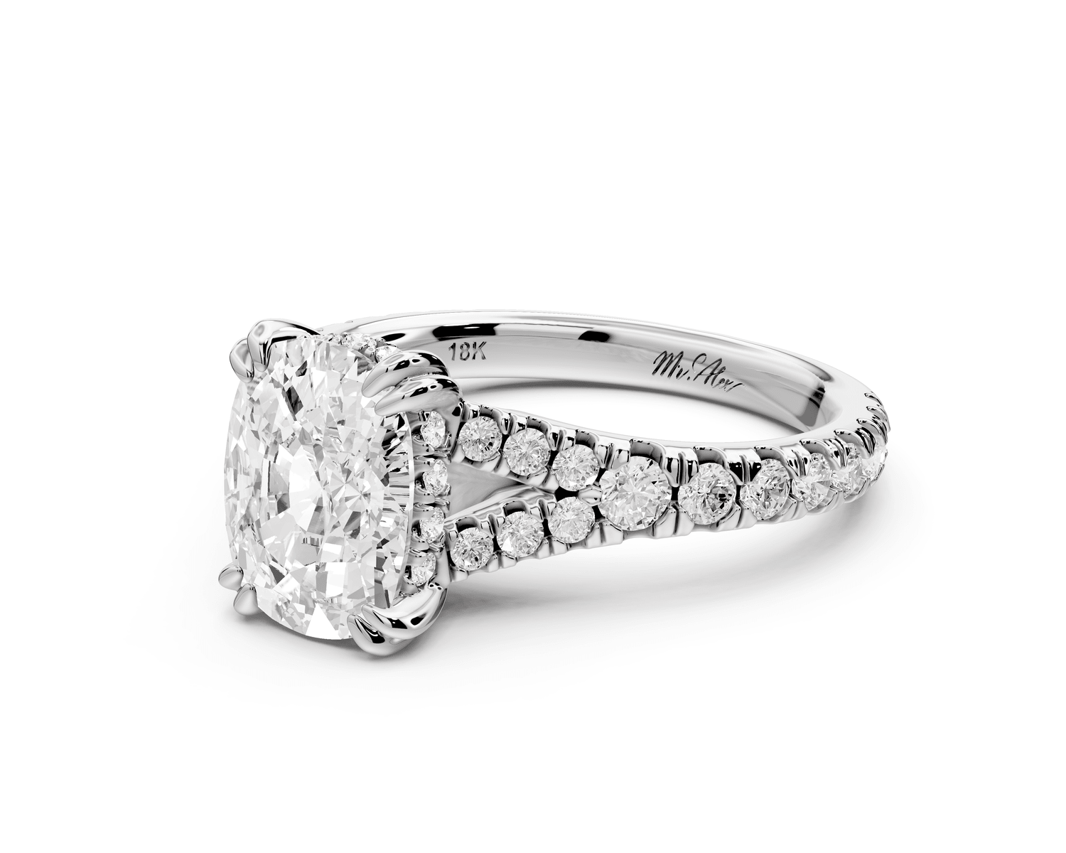Rosalie - 2ct platinum ecushion Pavé Cathedral Hidden Halo with Diamond Bridge split shank Engagement Ring - Mr. Alex Jewelry