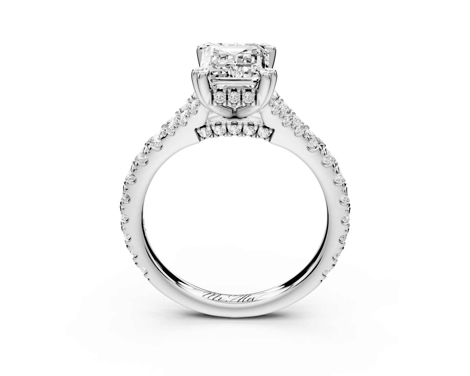 Rosalie - 2ct platinum emerald Pavé Cathedral Hidden Halo with Diamond Bridge split shank Engagement Ring - Mr. Alex Jewelry