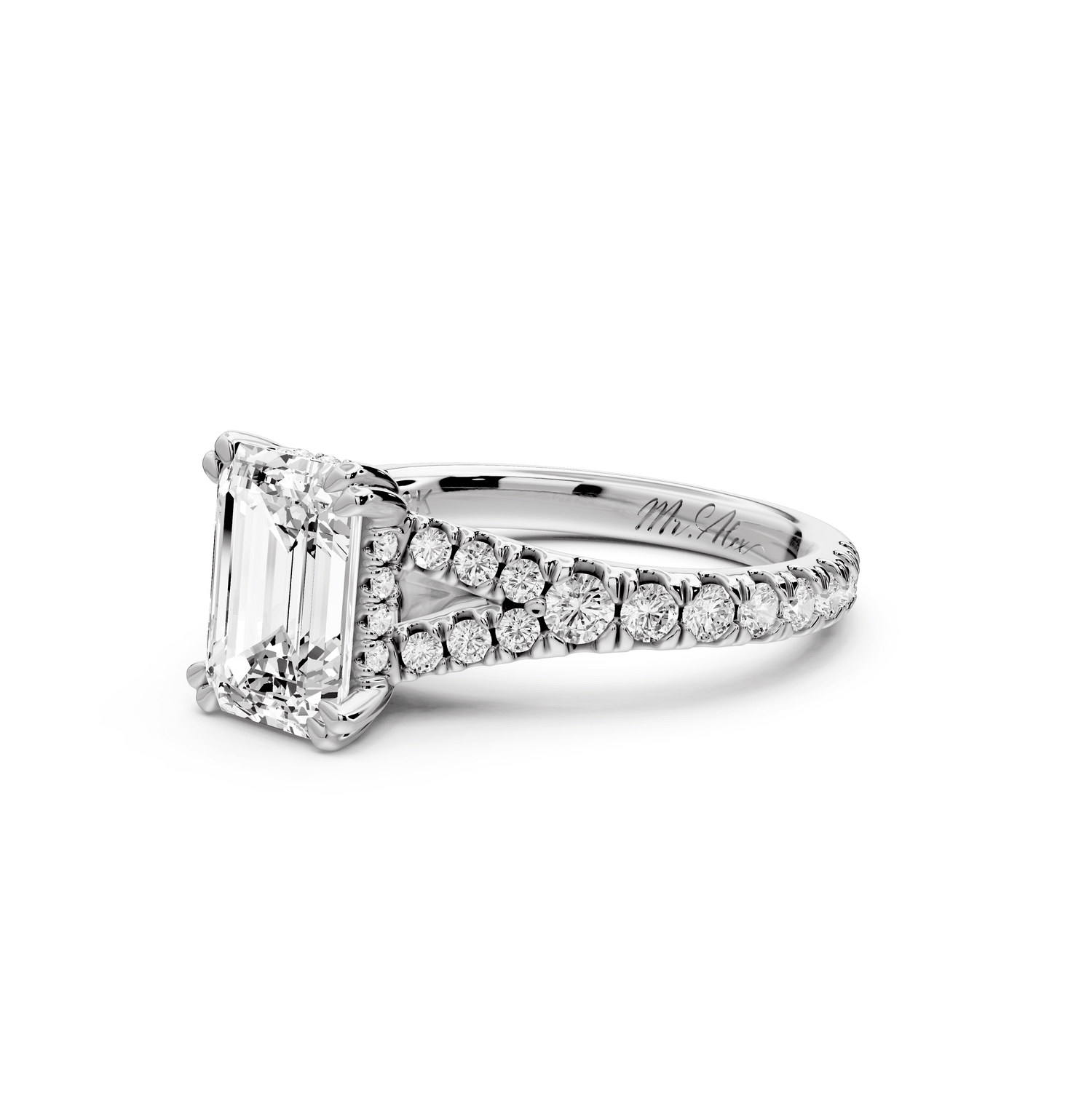 Rosalie - 2ct platinum emerald Pavé Cathedral Hidden Halo with Diamond Bridge split shank Engagement Ring - Mr. Alex Jewelry