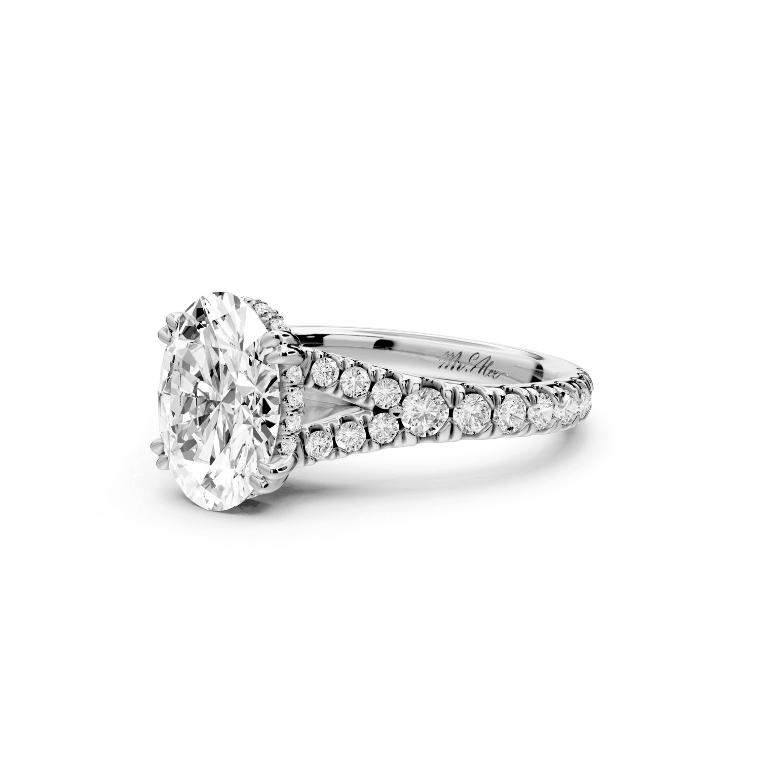 Rosalie - 2ct platinum oval Pavé Cathedral Hidden Halo with Diamond Bridge split shank Engagement Ring - Mr. Alex Jewelry