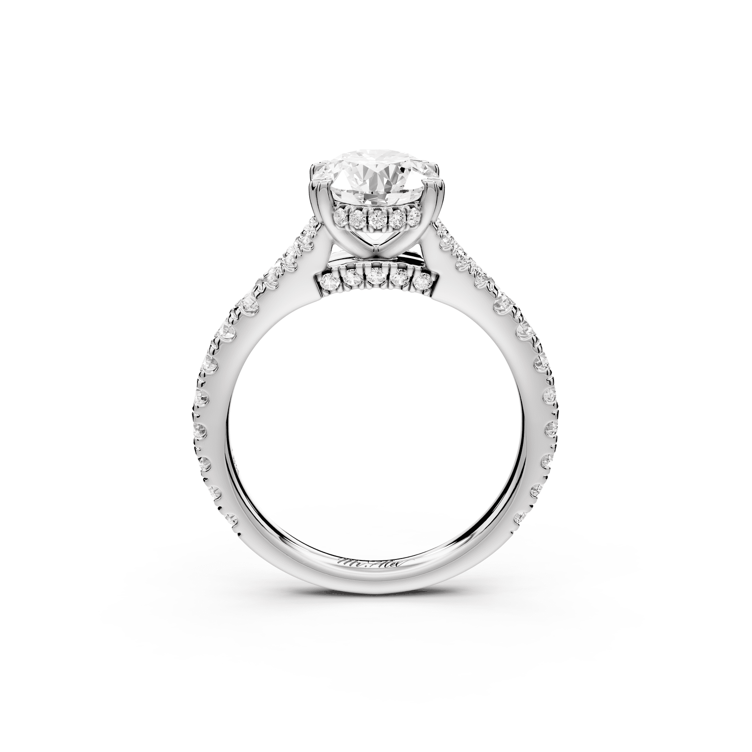 Rosalie - 2ct platinum oval Pavé Cathedral Hidden Halo with Diamond Bridge split shank Engagement Ring - Mr. Alex Jewelry