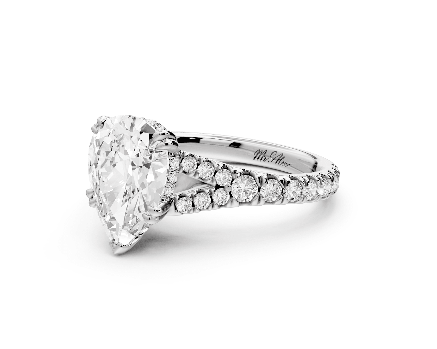 Rosalie - 2ct platinum pear Pavé Cathedral Hidden Halo with Diamond Bridge split shank Engagement Ring - Mr. Alex Jewelry