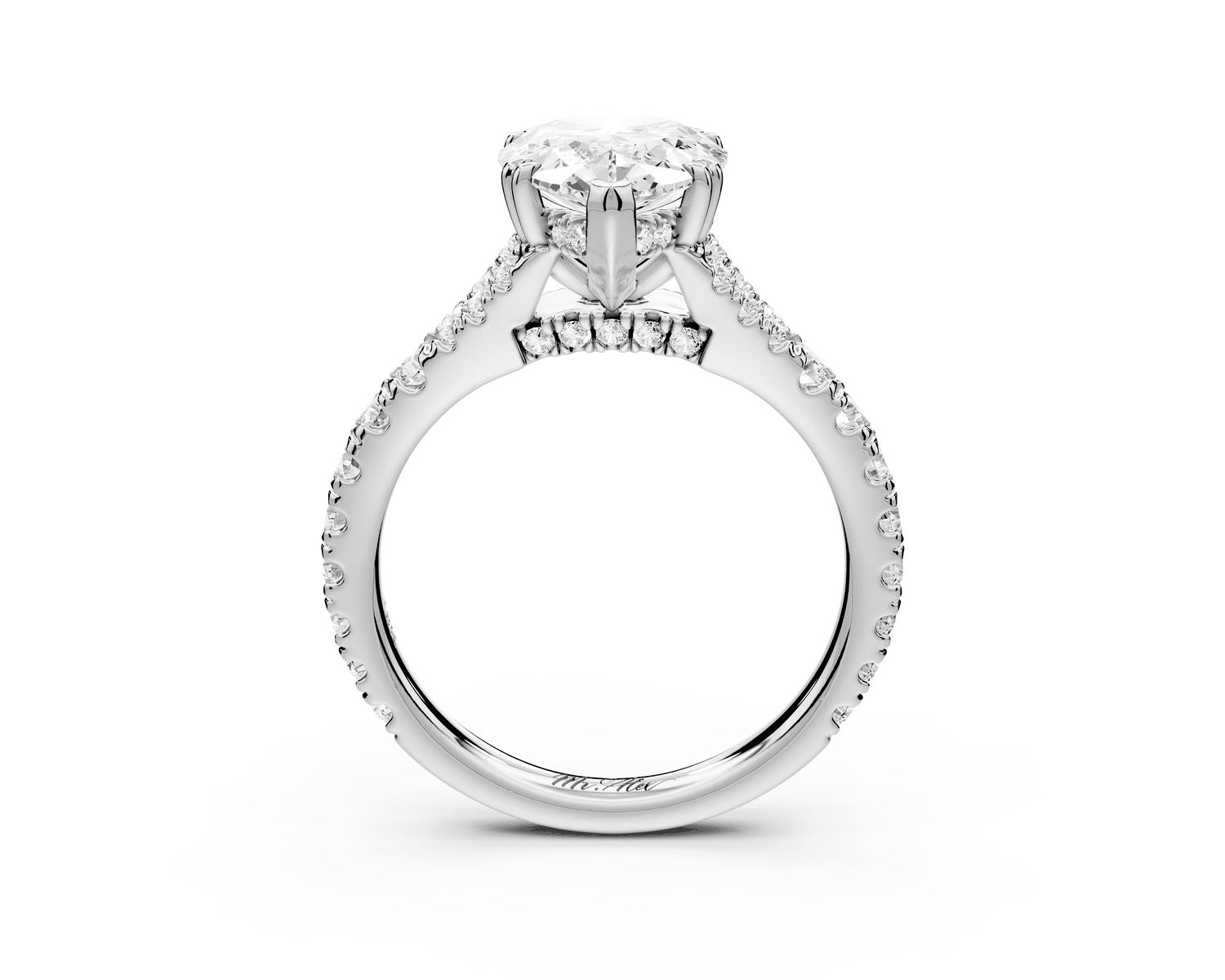 Rosalie - 2ct platinum pear Pavé Cathedral Hidden Halo with Diamond Bridge split shank Engagement Ring - Mr. Alex Jewelry