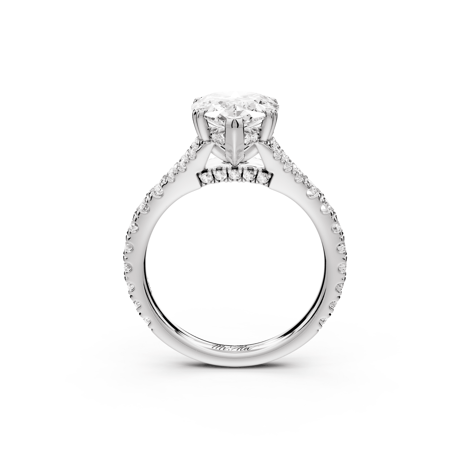 Rosalie - 2ct platinum pear Pavé Cathedral Hidden Halo with Diamond Bridge split shank Engagement Ring - Mr. Alex Jewelry
