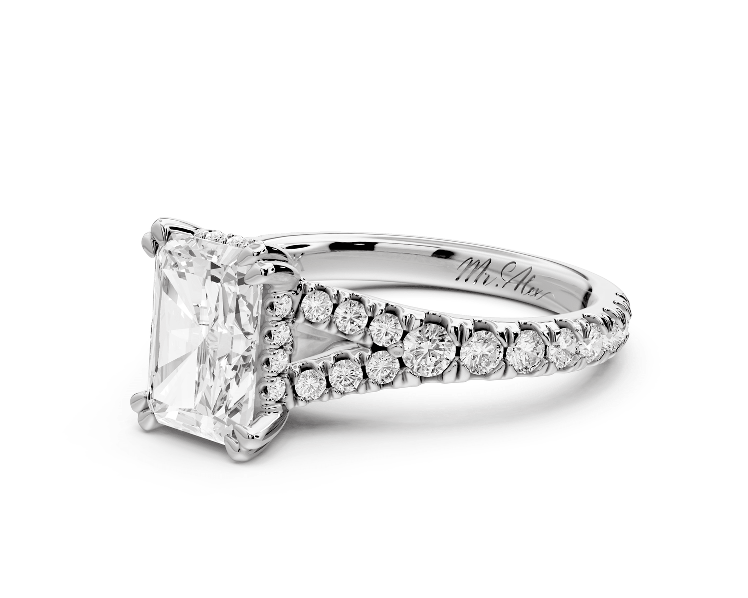 Rosalie - 2ct platinum radiant Pavé Cathedral Hidden Halo with Diamond Bridge split shank Engagement Ring - Mr. Alex Jewelry