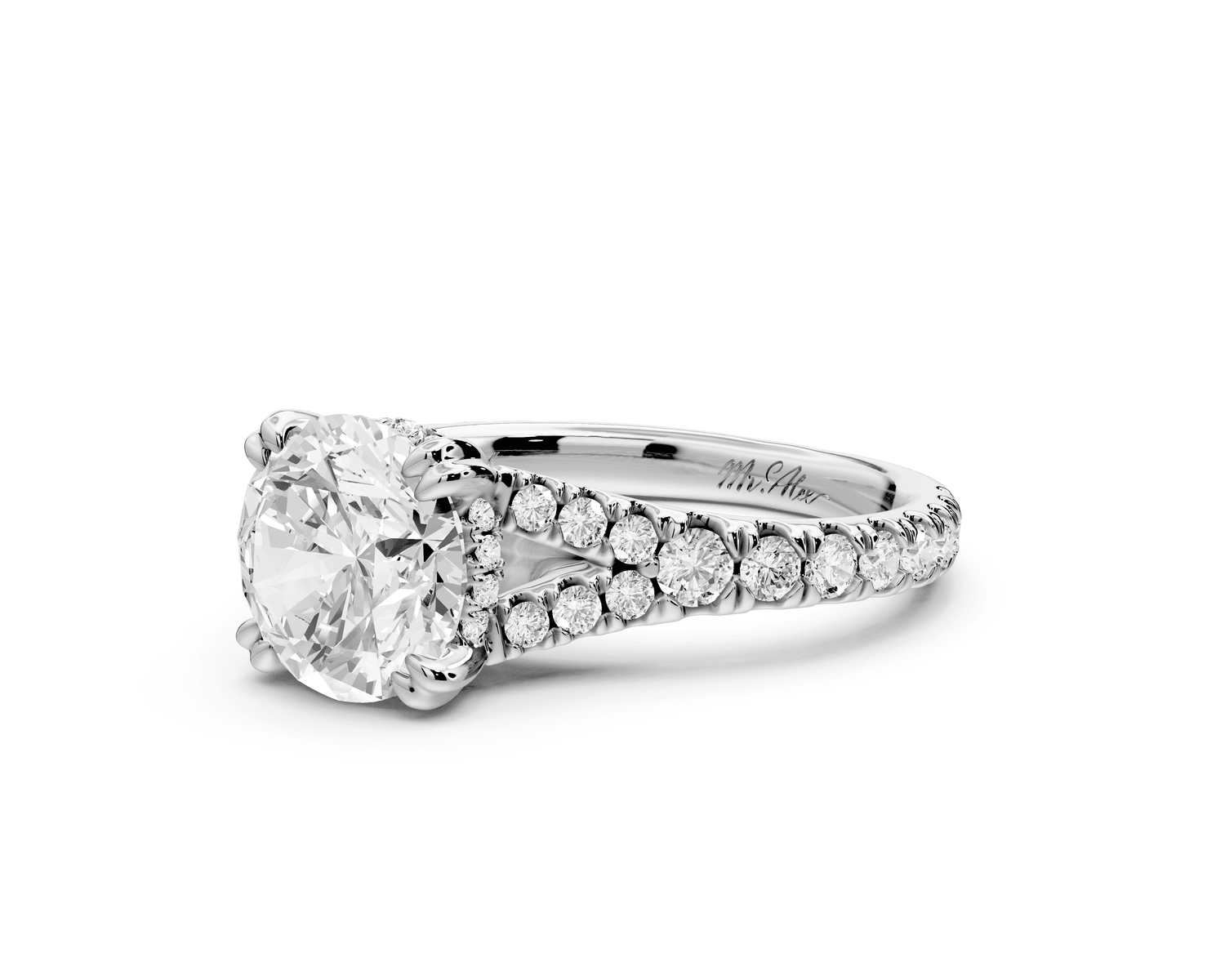 Rosalie - 2ct platinum round Pavé Cathedral Hidden Halo with Diamond Bridge split shank Engagement Ring - Mr. Alex Jewelry