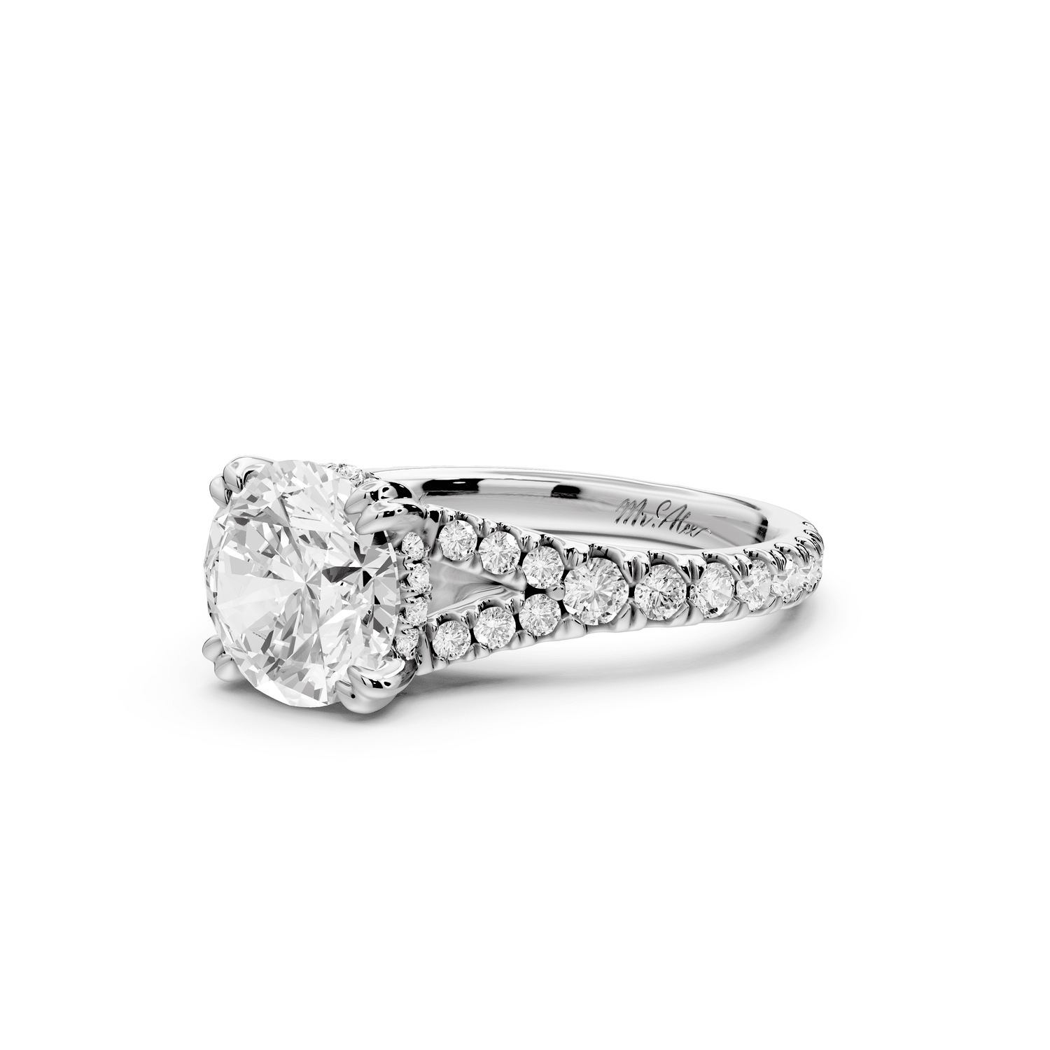 Rosalie - 2ct platinum round Pavé Cathedral Hidden Halo with Diamond Bridge split shank Engagement Ring - Mr. Alex Jewelry