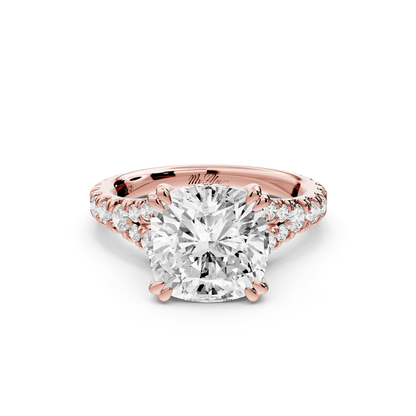 Rosalie - 3ct 14k rose gold cushion Pavé Cathedral Hidden Halo with Diamond Bridge split shank Engagement Ring - Mr. Alex Jewelry