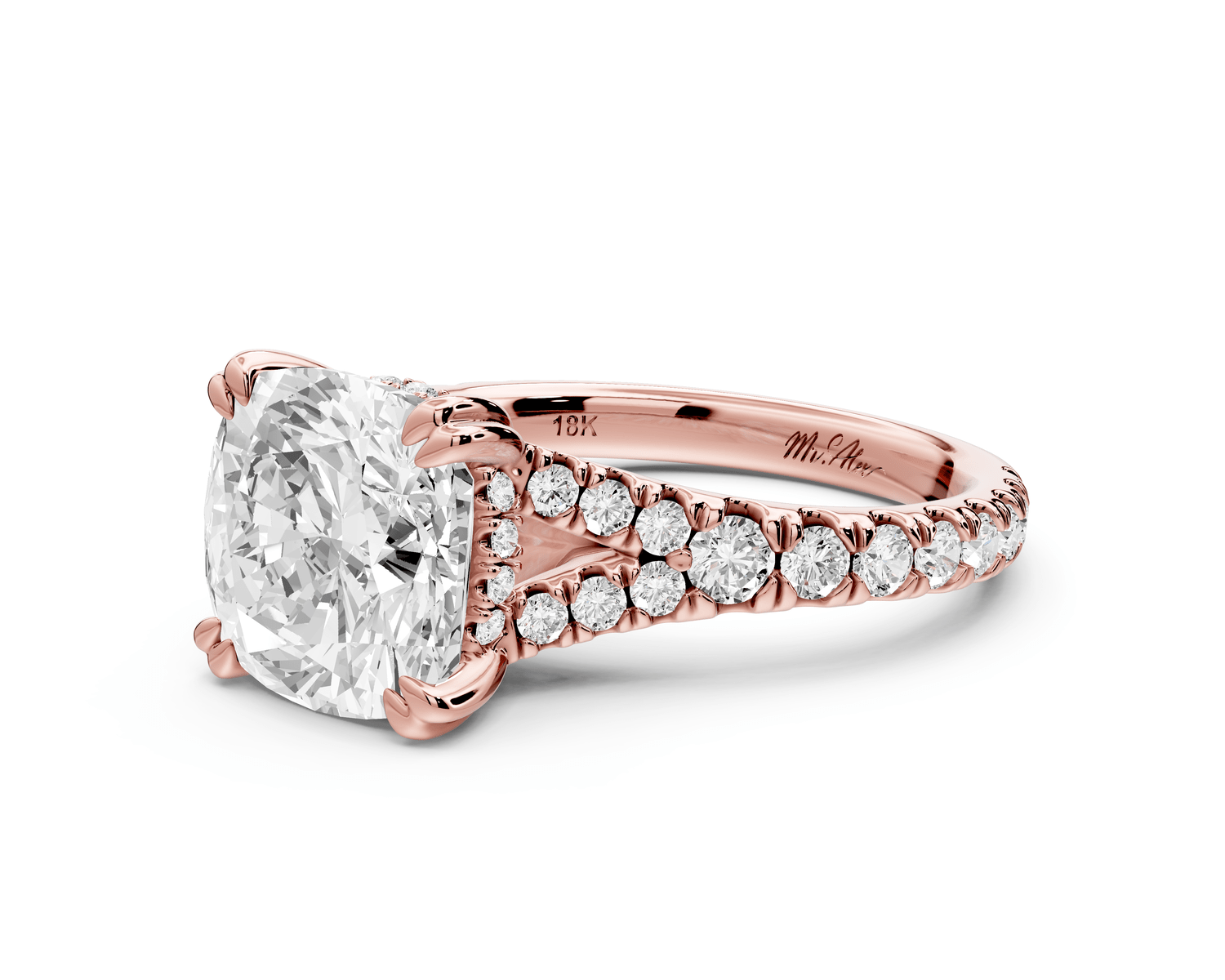 Rosalie - 3ct 14k rose gold cushion Pavé Cathedral Hidden Halo with Diamond Bridge split shank Engagement Ring - Mr. Alex Jewelry