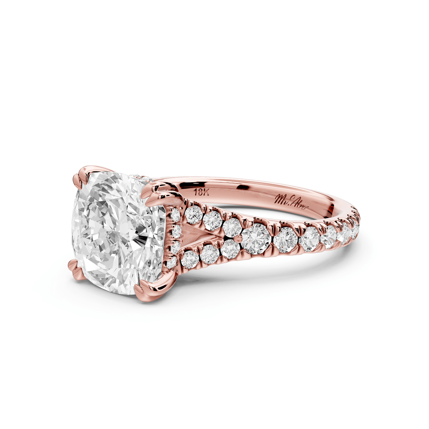 Rosalie - 3ct 14k rose gold cushion Pavé Cathedral Hidden Halo with Diamond Bridge split shank Engagement Ring - Mr. Alex Jewelry