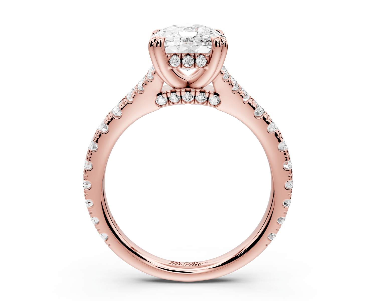 Rosalie - 3ct 14k rose gold ecushion Pavé Cathedral Hidden Halo with Diamond Bridge split shank Engagement Ring - Mr. Alex Jewelry