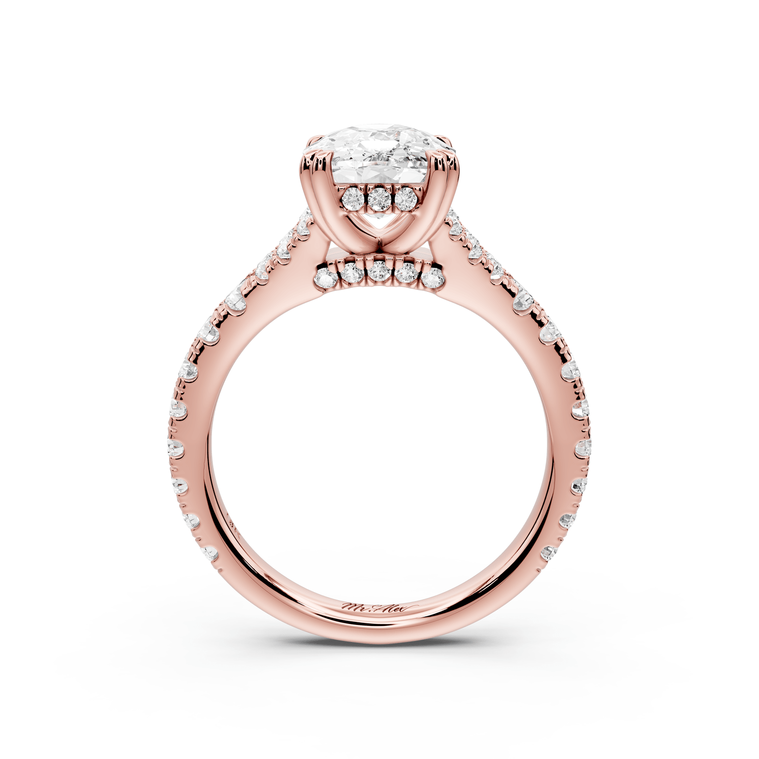 Rosalie - 3ct 14k rose gold ecushion Pavé Cathedral Hidden Halo with Diamond Bridge split shank Engagement Ring - Mr. Alex Jewelry