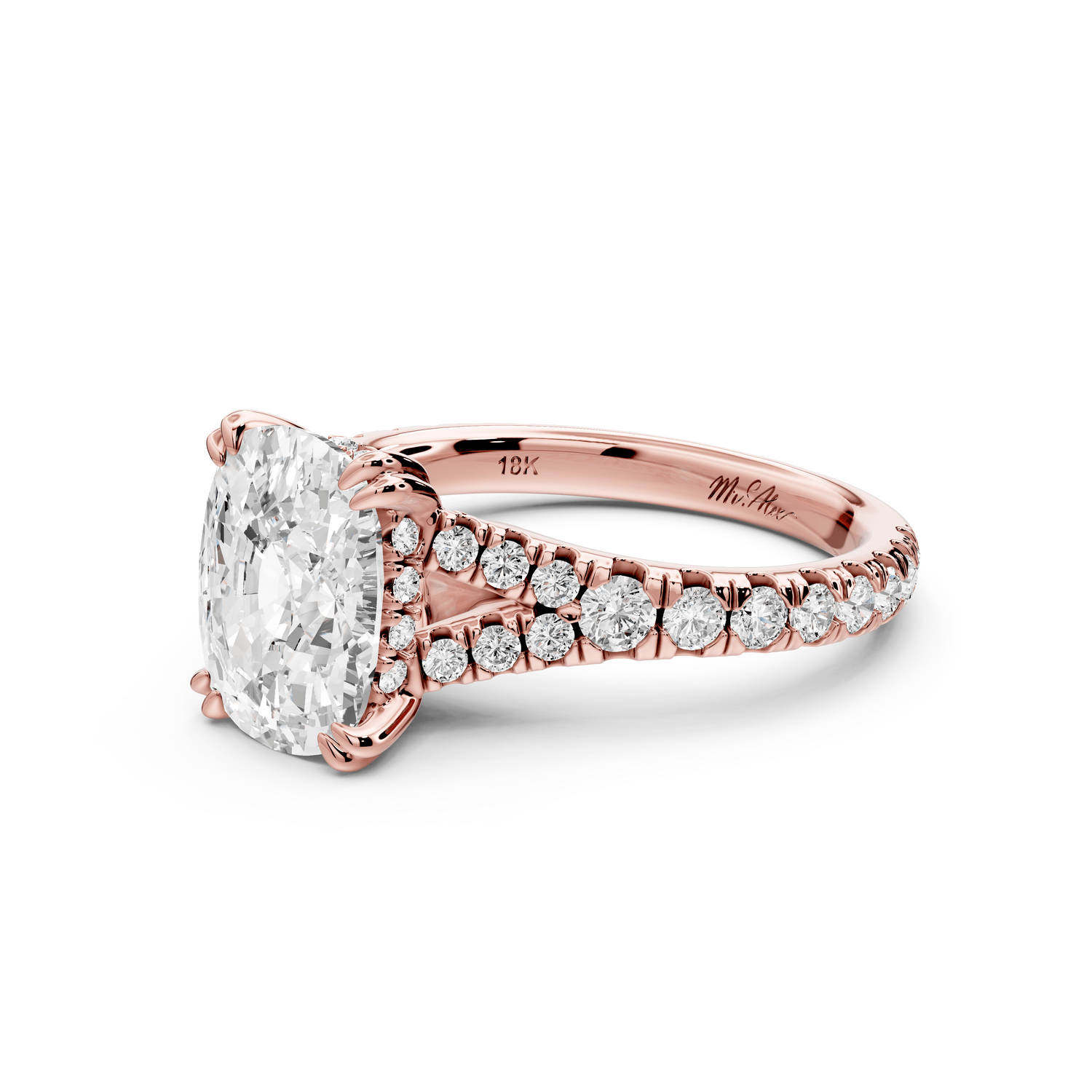 Rosalie - 3ct 14k rose gold ecushion Pavé Cathedral Hidden Halo with Diamond Bridge split shank Engagement Ring - Mr. Alex Jewelry
