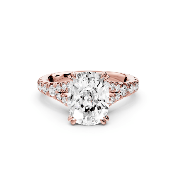 Rosalie - 3ct 14k rose gold ecushion Pavé Cathedral Hidden Halo with Diamond Bridge split shank Engagement Ring - Mr. Alex Jewelry