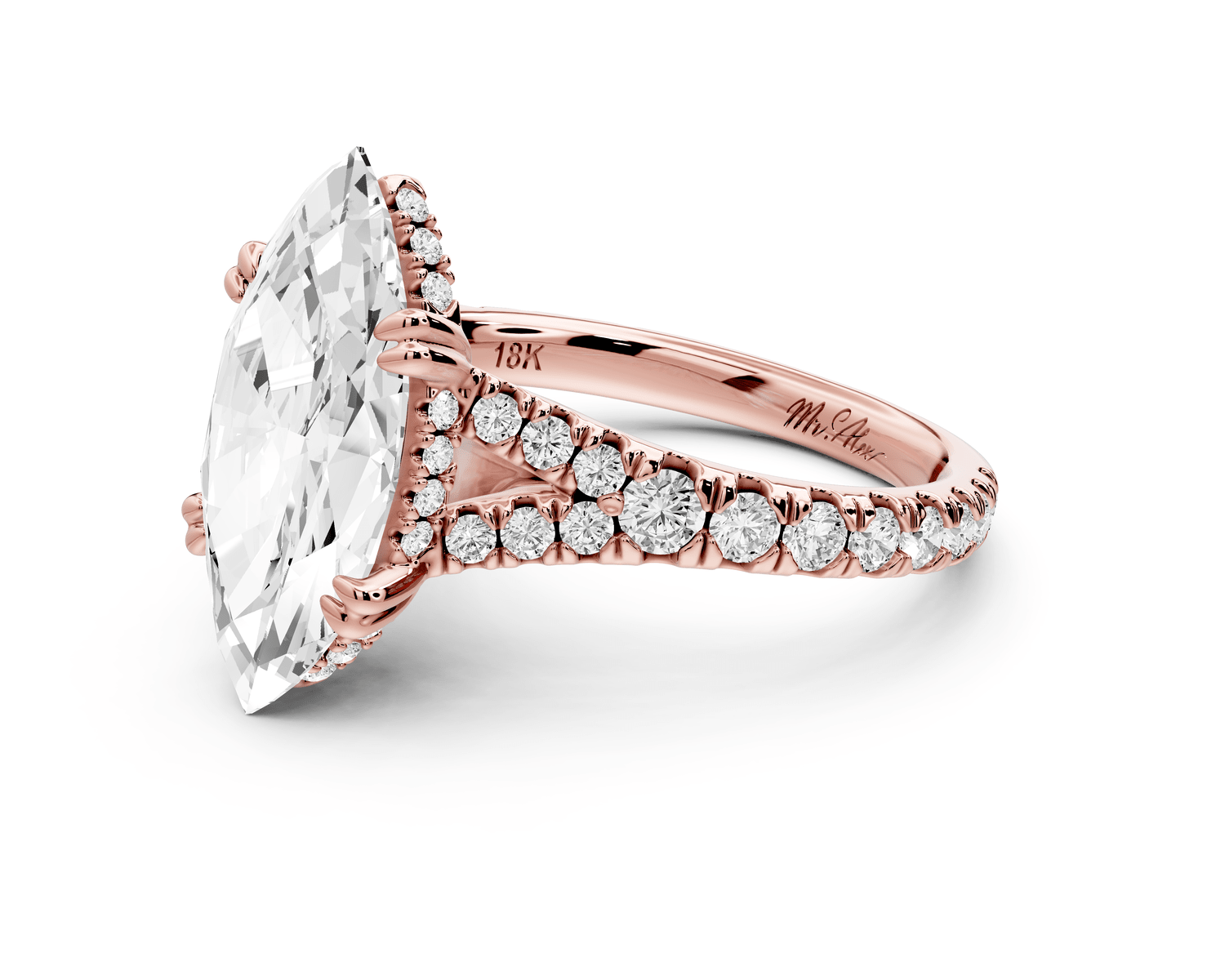 Rosalie - 3ct 14k rose gold marquise Pavé Cathedral Hidden Halo with Diamond Bridge split shank Engagement Ring - Mr. Alex Jewelry