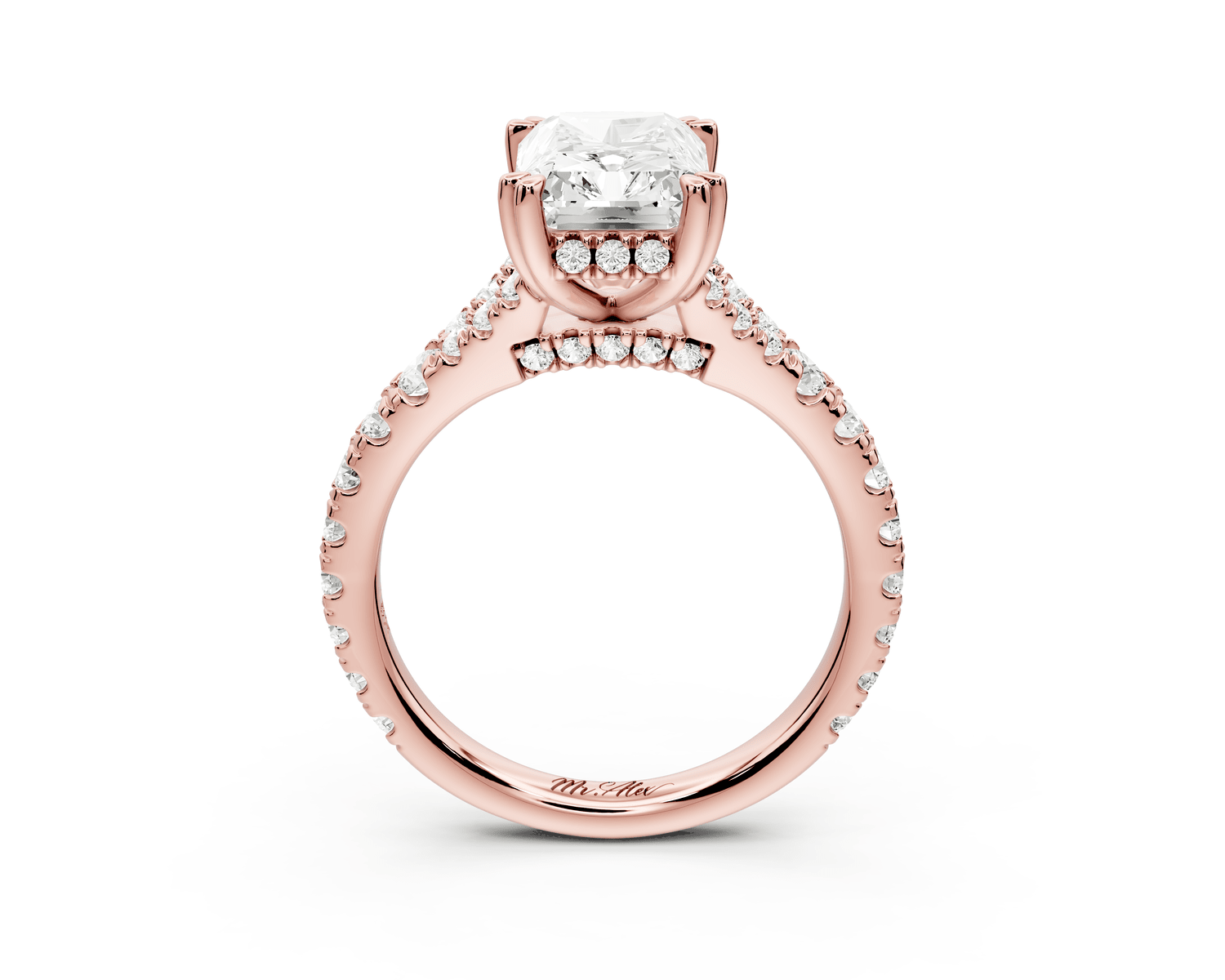 Rosalie - 3ct 14k rose gold radiant Pavé Cathedral Hidden Halo with Diamond Bridge split shank Engagement Ring - Mr. Alex Jewelry