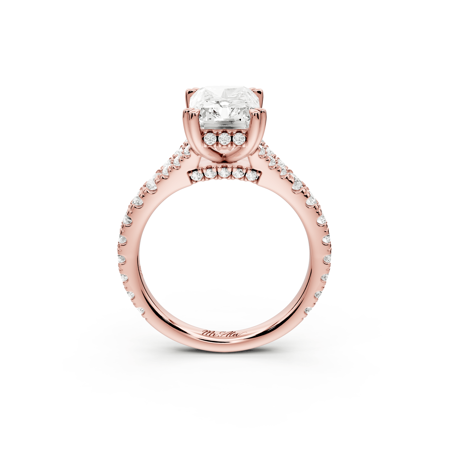 Rosalie - 3ct 14k rose gold radiant Pavé Cathedral Hidden Halo with Diamond Bridge split shank Engagement Ring - Mr. Alex Jewelry