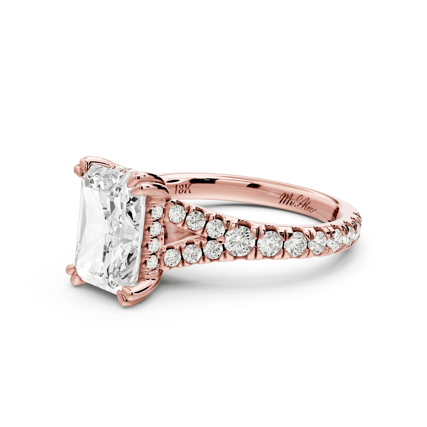 Rosalie - 3ct 14k rose gold radiant Pavé Cathedral Hidden Halo with Diamond Bridge split shank Engagement Ring - Mr. Alex Jewelry
