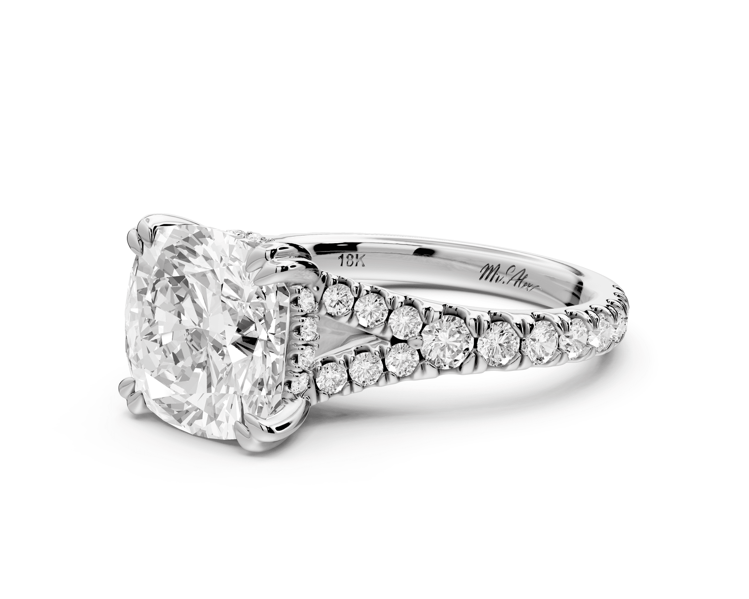 Rosalie - 3ct 14k white gold cushion Pavé Cathedral Hidden Halo with Diamond Bridge split shank Engagement Ring - Mr. Alex Jewelry