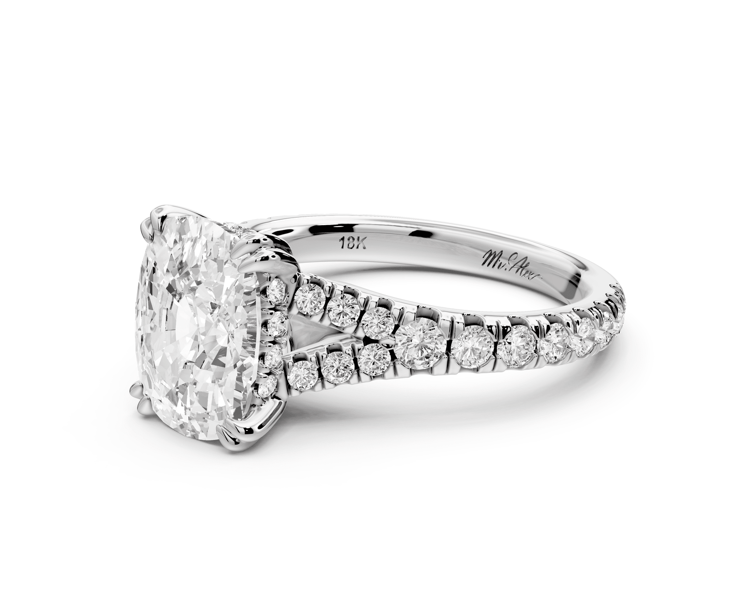 Rosalie - 3ct 14k white gold ecushion Pavé Cathedral Hidden Halo with Diamond Bridge split shank Engagement Ring - Mr. Alex Jewelry