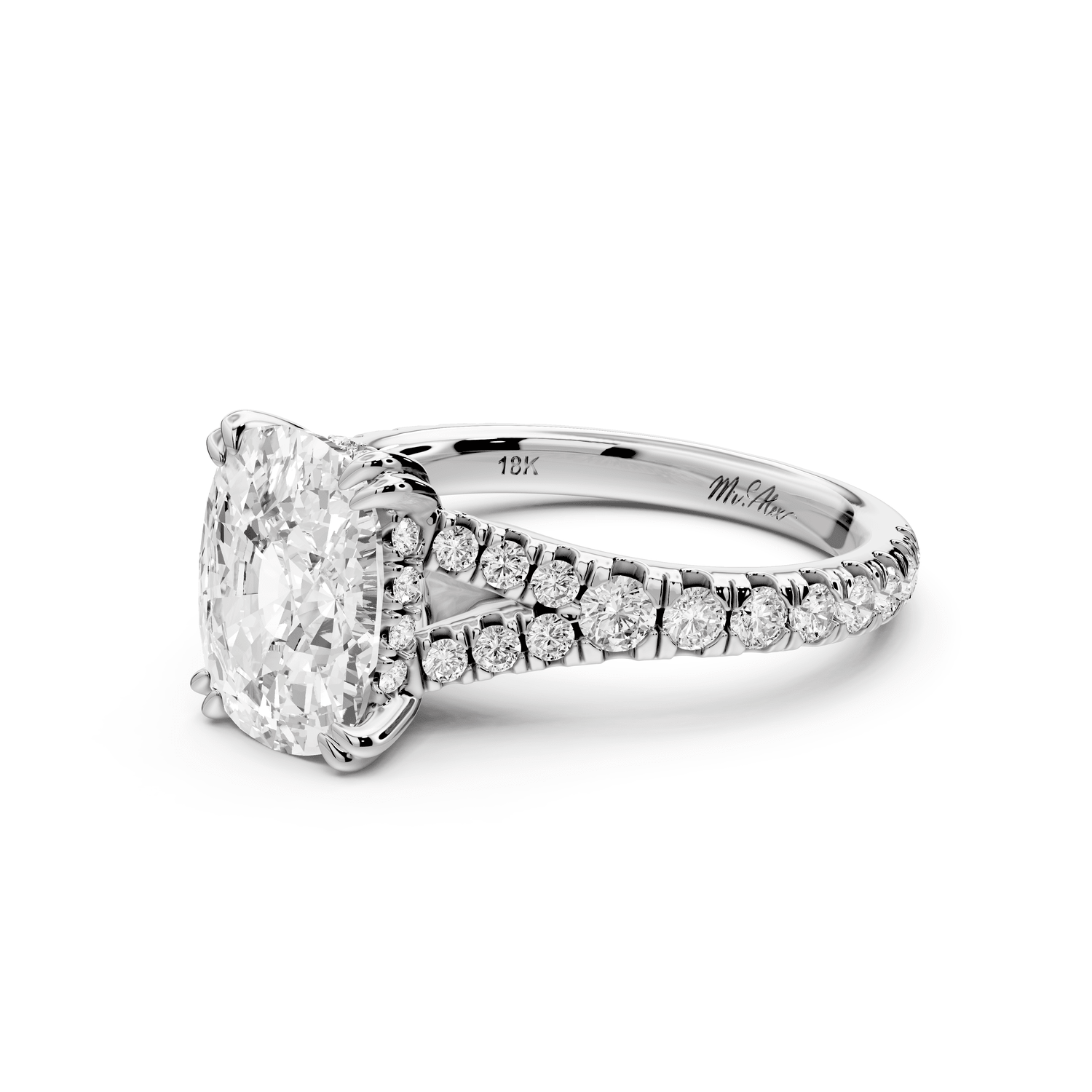 Rosalie - 3ct 14k white gold ecushion Pavé Cathedral Hidden Halo with Diamond Bridge split shank Engagement Ring - Mr. Alex Jewelry