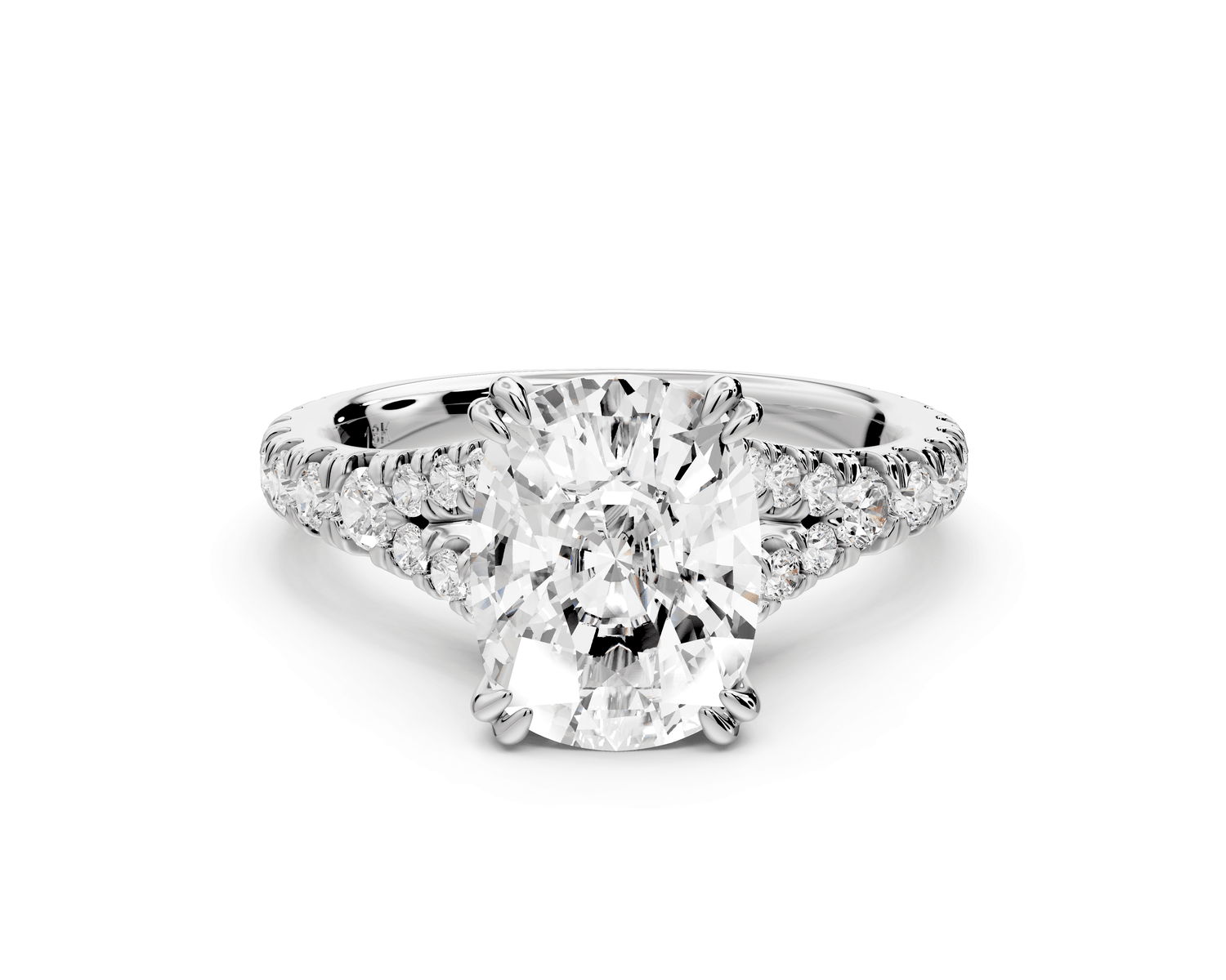 Rosalie - 3ct 14k white gold ecushion Pavé Cathedral Hidden Halo with Diamond Bridge split shank Engagement Ring - Mr. Alex Jewelry