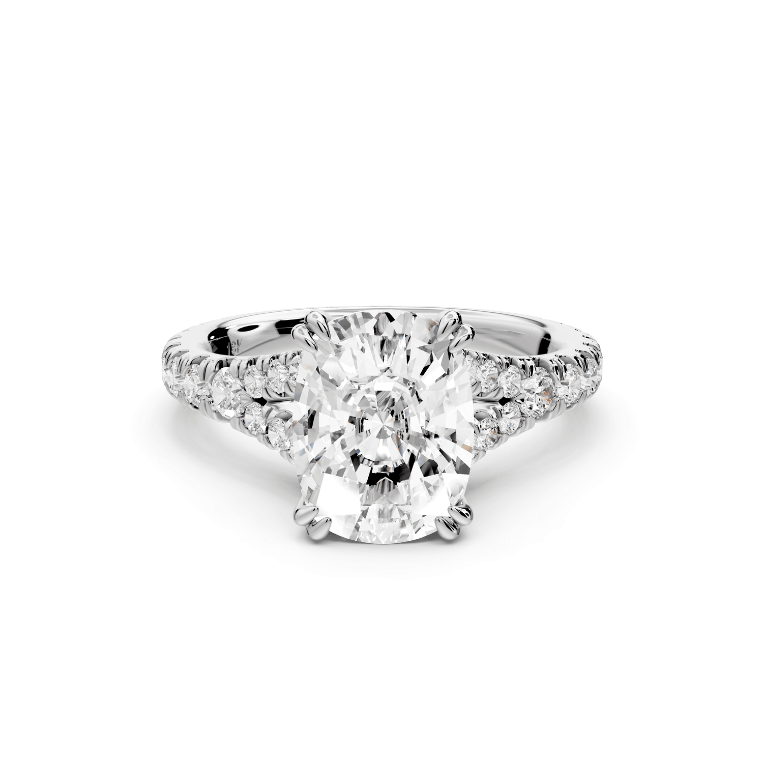 Rosalie - 3ct 14k white gold ecushion Pavé Cathedral Hidden Halo with Diamond Bridge split shank Engagement Ring - Mr. Alex Jewelry