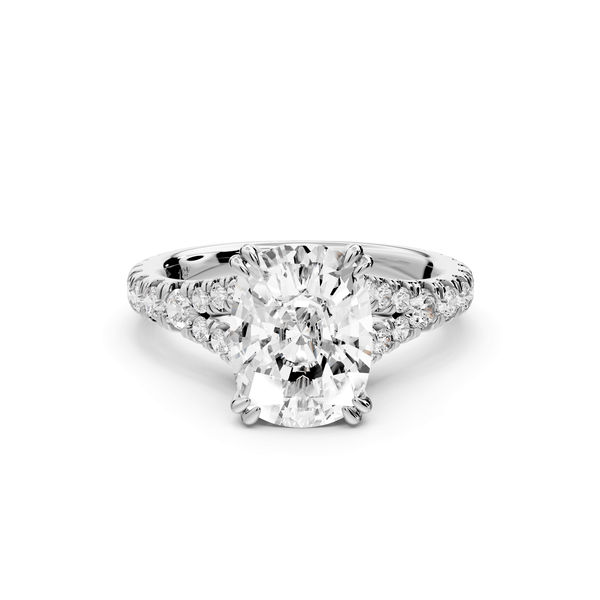 Rosalie - 3ct 14k white gold ecushion Pavé Cathedral Hidden Halo with Diamond Bridge split shank Engagement Ring - Mr. Alex Jewelry