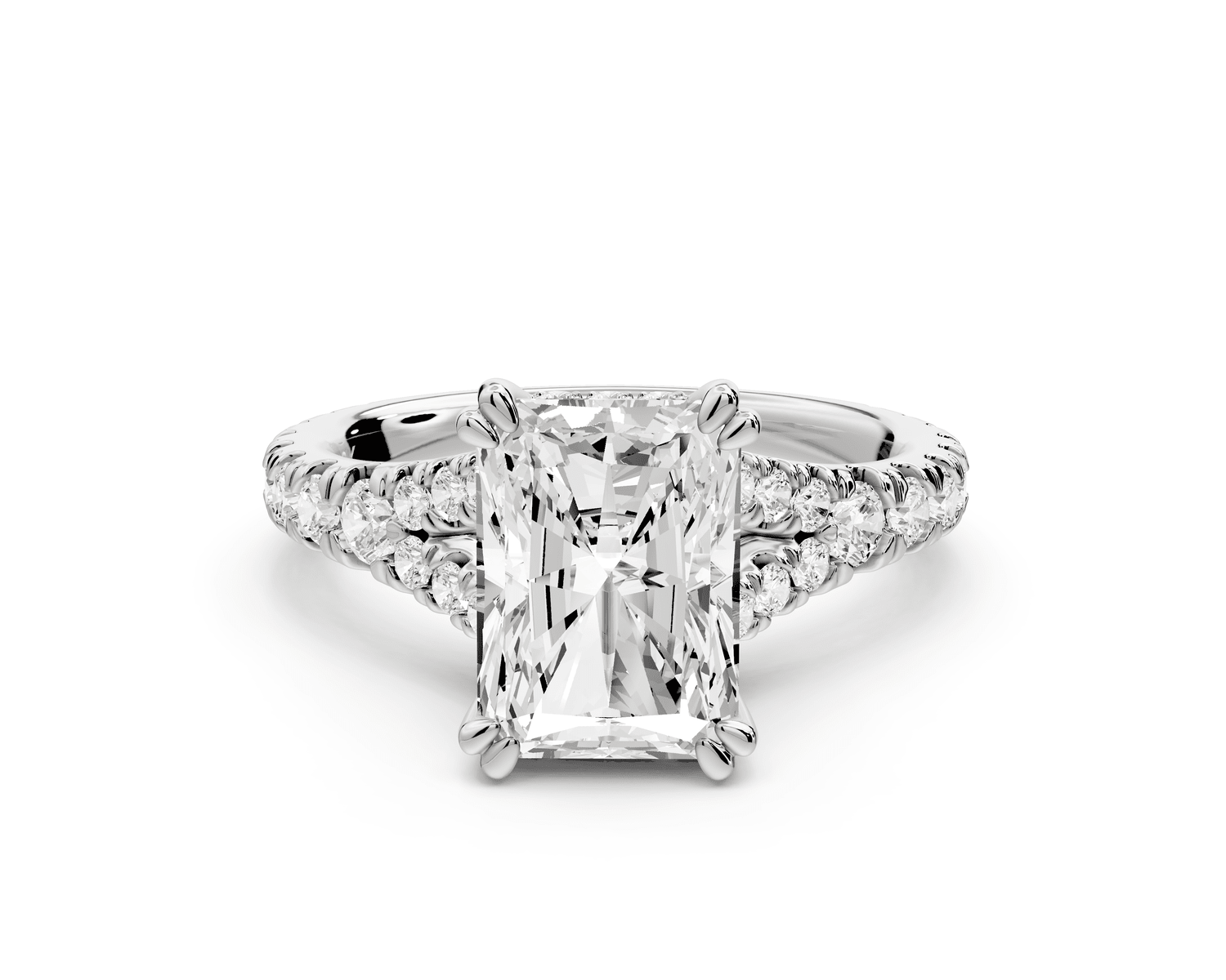 Rosalie - 3ct 14k white gold radiant Pavé Cathedral Hidden Halo with Diamond Bridge split shank Engagement Ring - Mr. Alex Jewelry