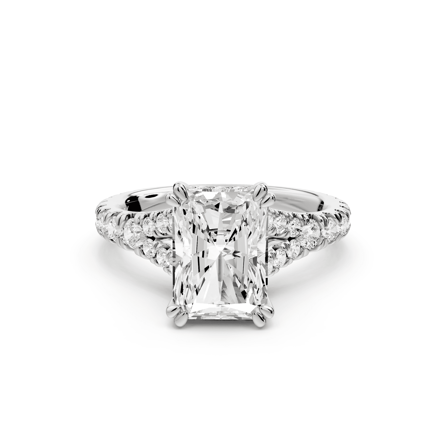 Rosalie - 3ct 14k white gold radiant Pavé Cathedral Hidden Halo with Diamond Bridge split shank Engagement Ring - Mr. Alex Jewelry