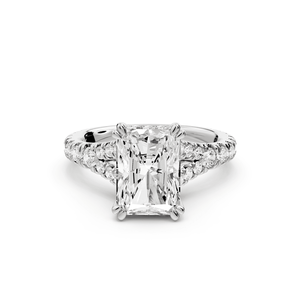 Rosalie - 3ct 14k white gold radiant Pavé Cathedral Hidden Halo with Diamond Bridge split shank Engagement Ring - Mr. Alex Jewelry
