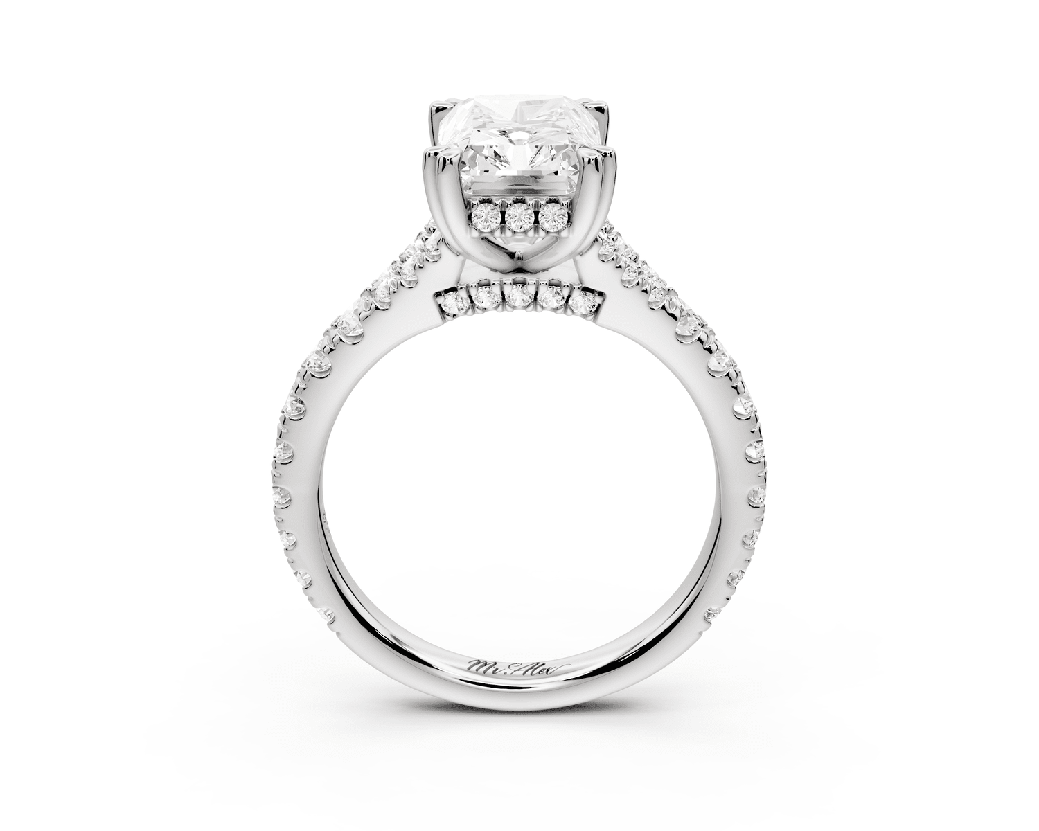 Rosalie - 3ct 14k white gold radiant Pavé Cathedral Hidden Halo with Diamond Bridge split shank Engagement Ring - Mr. Alex Jewelry