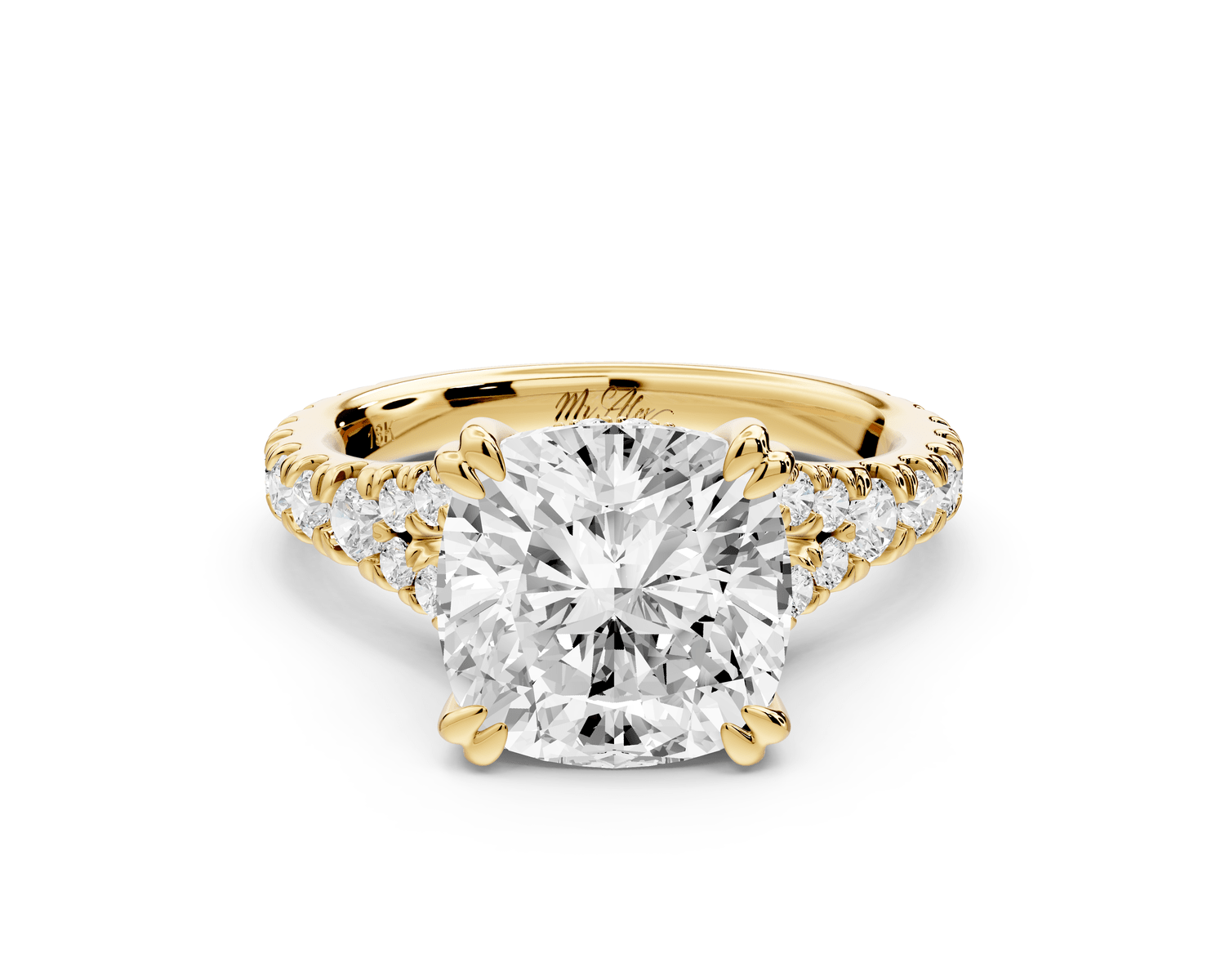 Rosalie - 3ct 14k yellow gold cushion Pavé Cathedral Hidden Halo with Diamond Bridge split shank Engagement Ring - Mr. Alex Jewelry