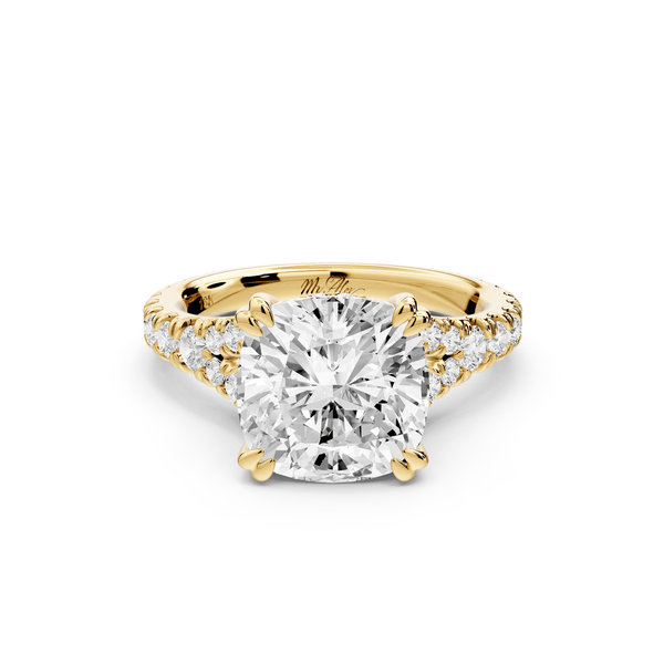 Rosalie - 3ct 14k yellow gold cushion Pavé Cathedral Hidden Halo with Diamond Bridge split shank Engagement Ring - Mr. Alex Jewelry