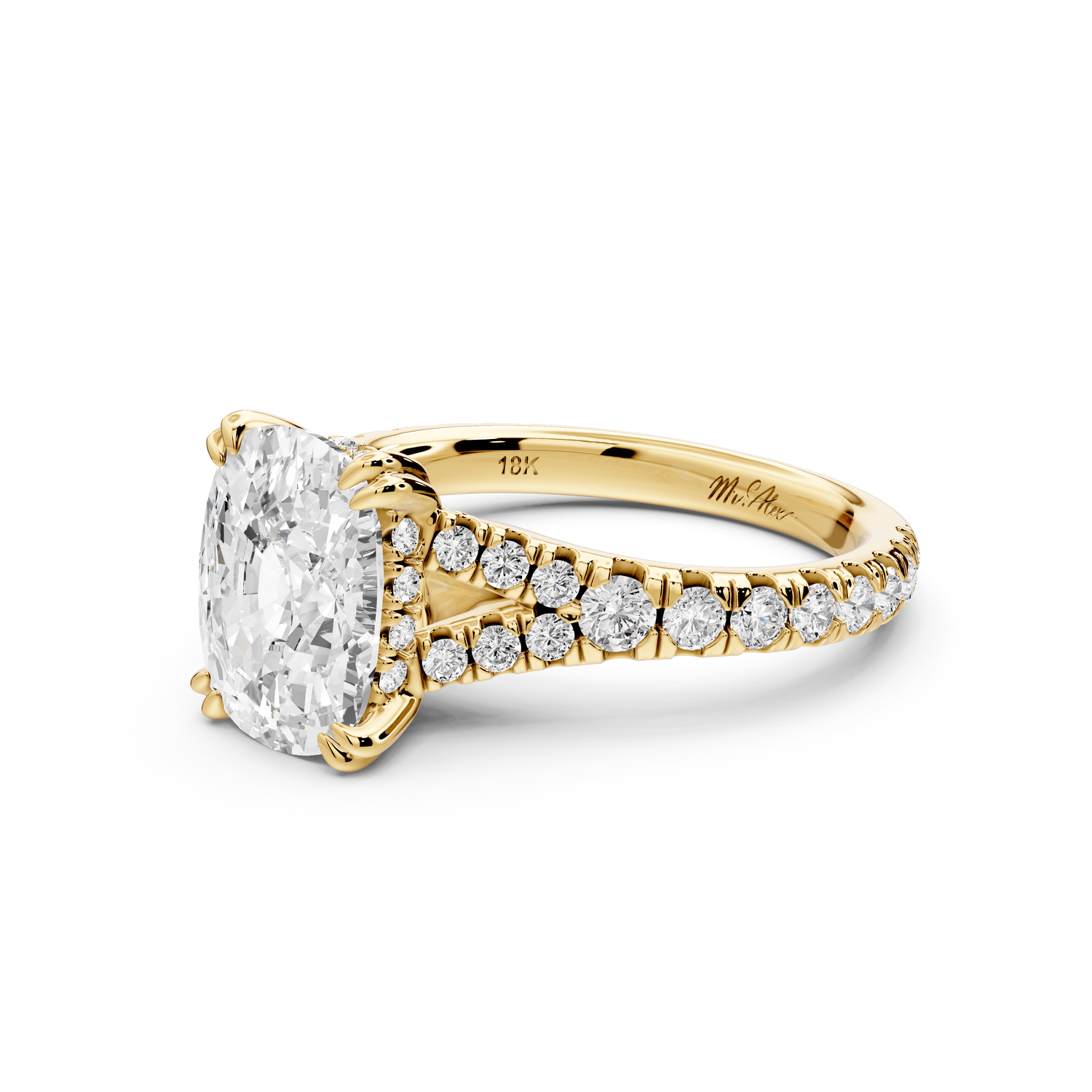 Rosalie - 3ct 14k yellow gold ecushion Pavé Cathedral Hidden Halo with Diamond Bridge split shank Engagement Ring - Mr. Alex Jewelry