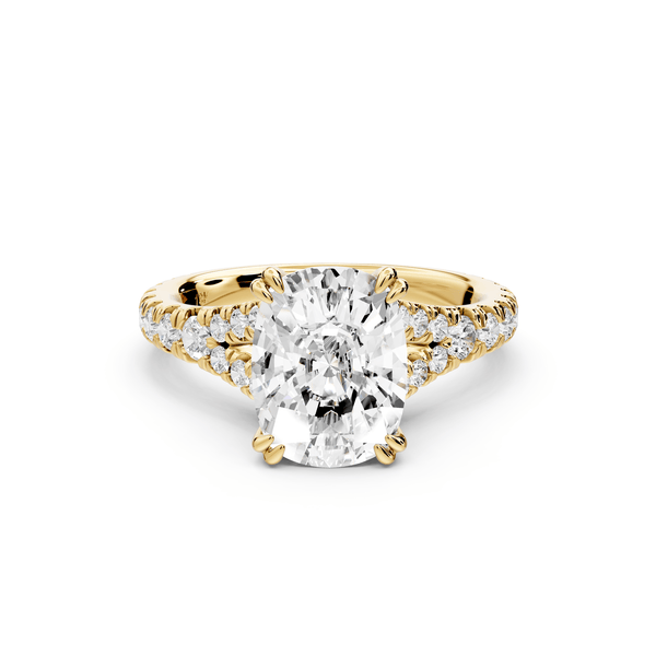 Rosalie - 3ct 14k yellow gold ecushion Pavé Cathedral Hidden Halo with Diamond Bridge split shank Engagement Ring - Mr. Alex Jewelry