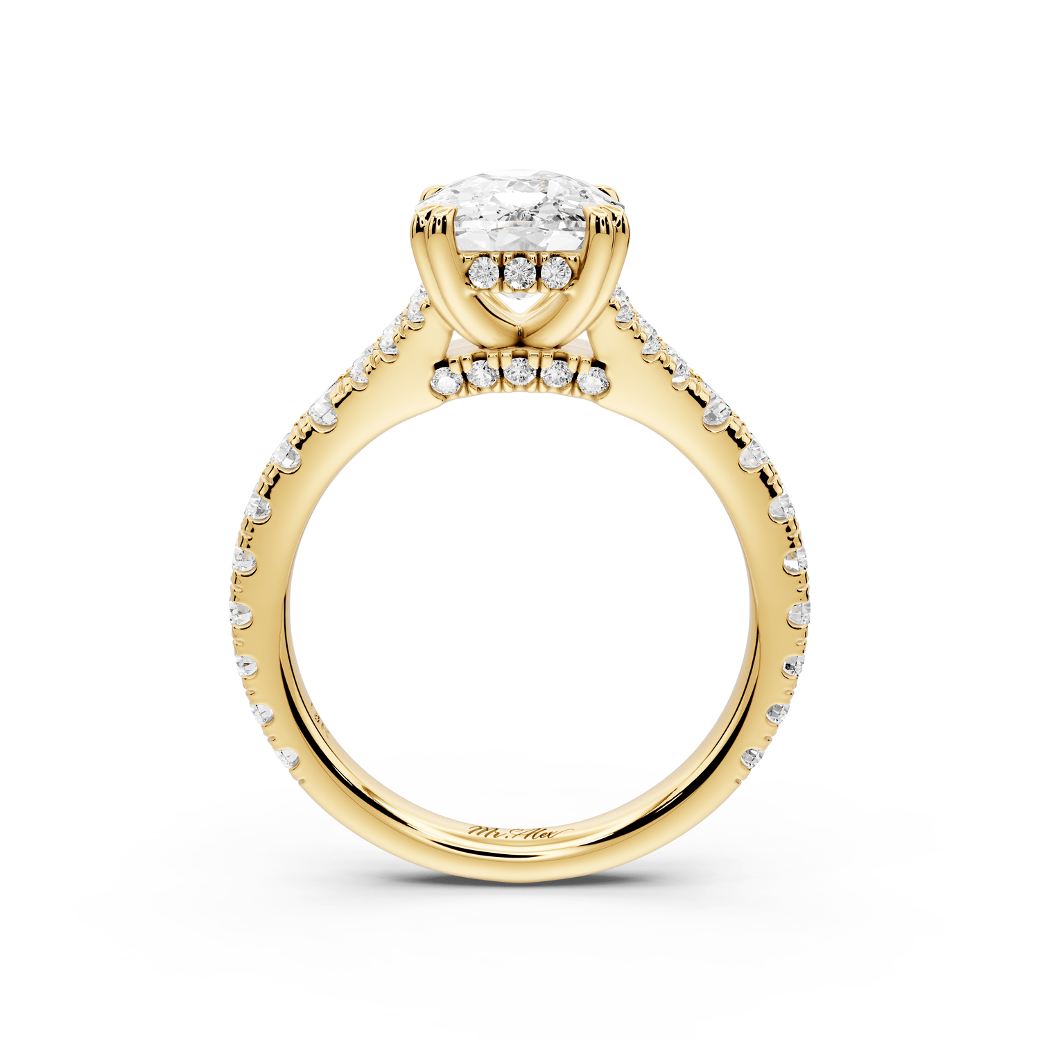 Rosalie - 3ct 14k yellow gold ecushion Pavé Cathedral Hidden Halo with Diamond Bridge split shank Engagement Ring - Mr. Alex Jewelry