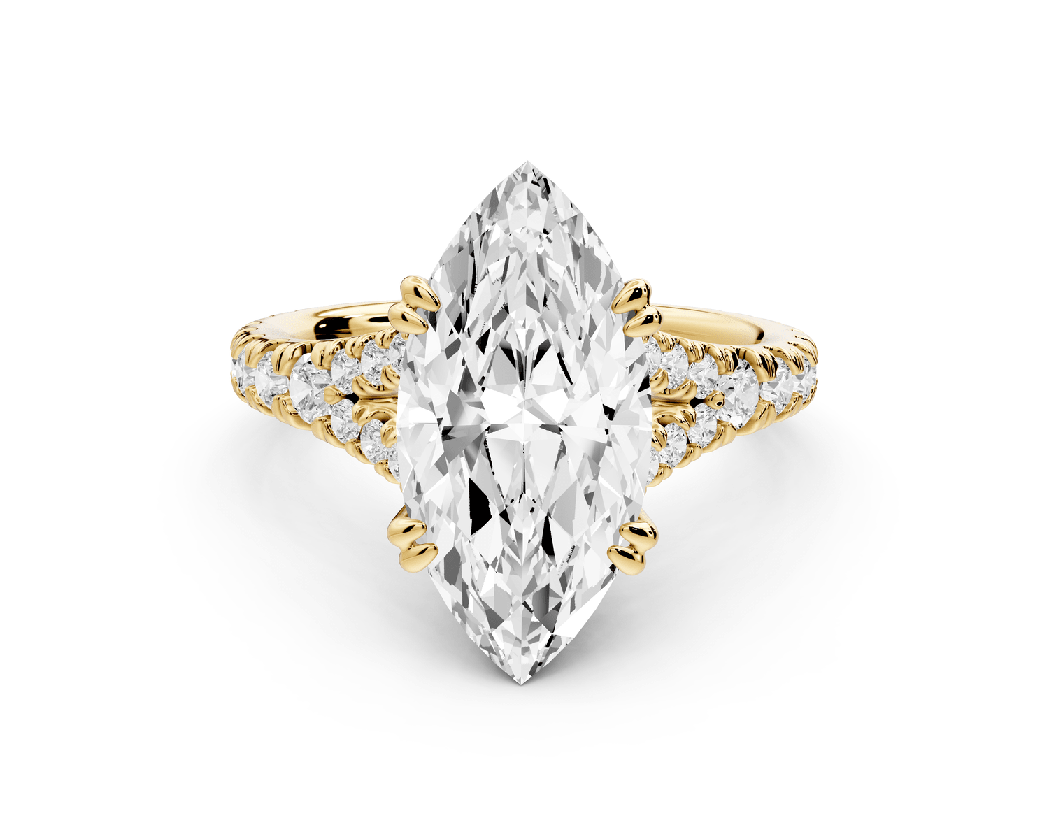 Rosalie - 3ct 14k yellow gold marquise Pavé Cathedral Hidden Halo with Diamond Bridge split shank Engagement Ring - Mr. Alex Jewelry