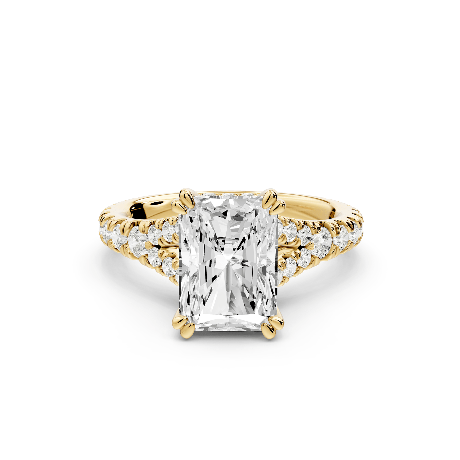 Rosalie - 3ct 14k yellow gold radiant Pavé Cathedral Hidden Halo with Diamond Bridge split shank Engagement Ring - Mr. Alex Jewelry