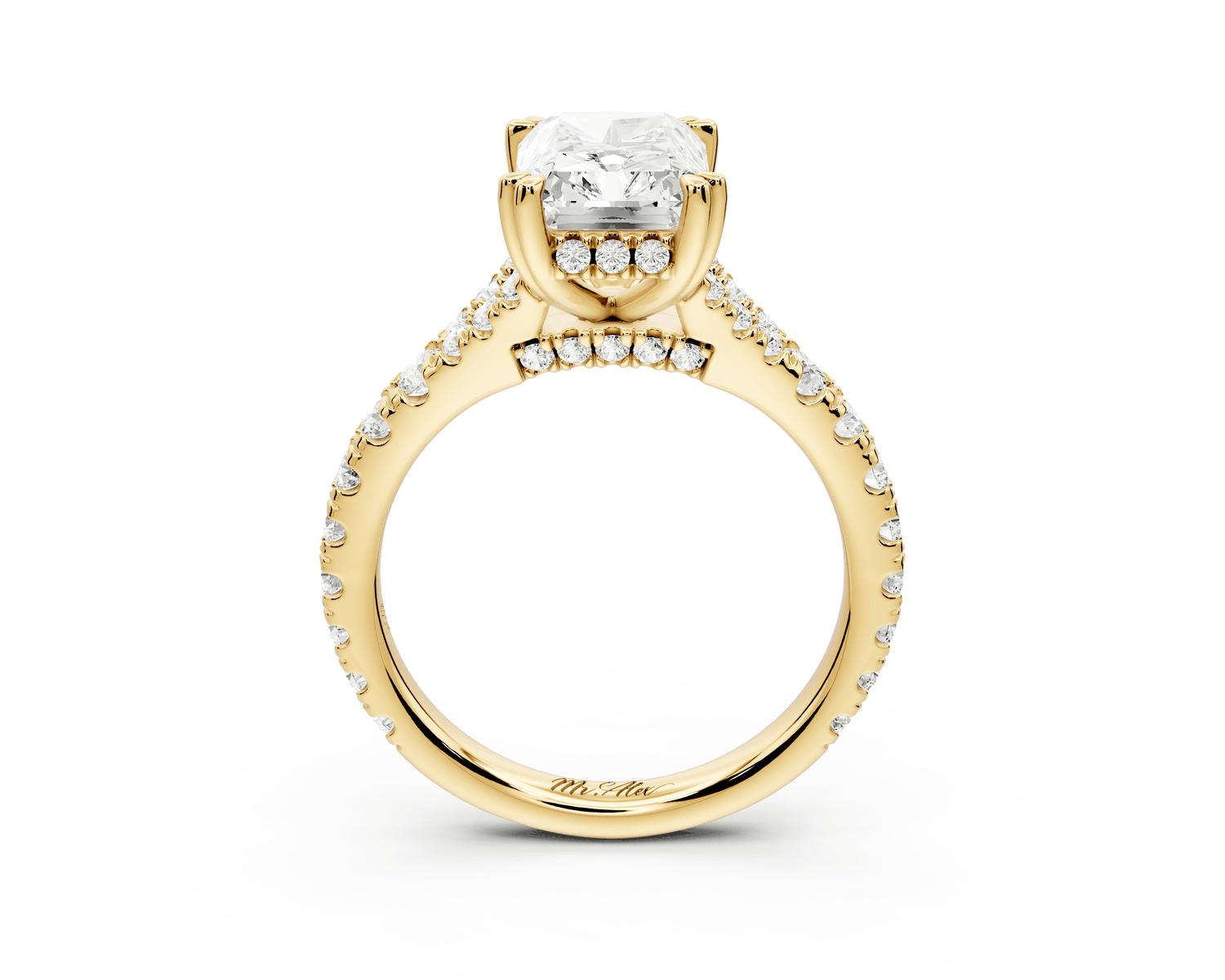 Rosalie - 3ct 14k yellow gold radiant Pavé Cathedral Hidden Halo with Diamond Bridge split shank Engagement Ring - Mr. Alex Jewelry
