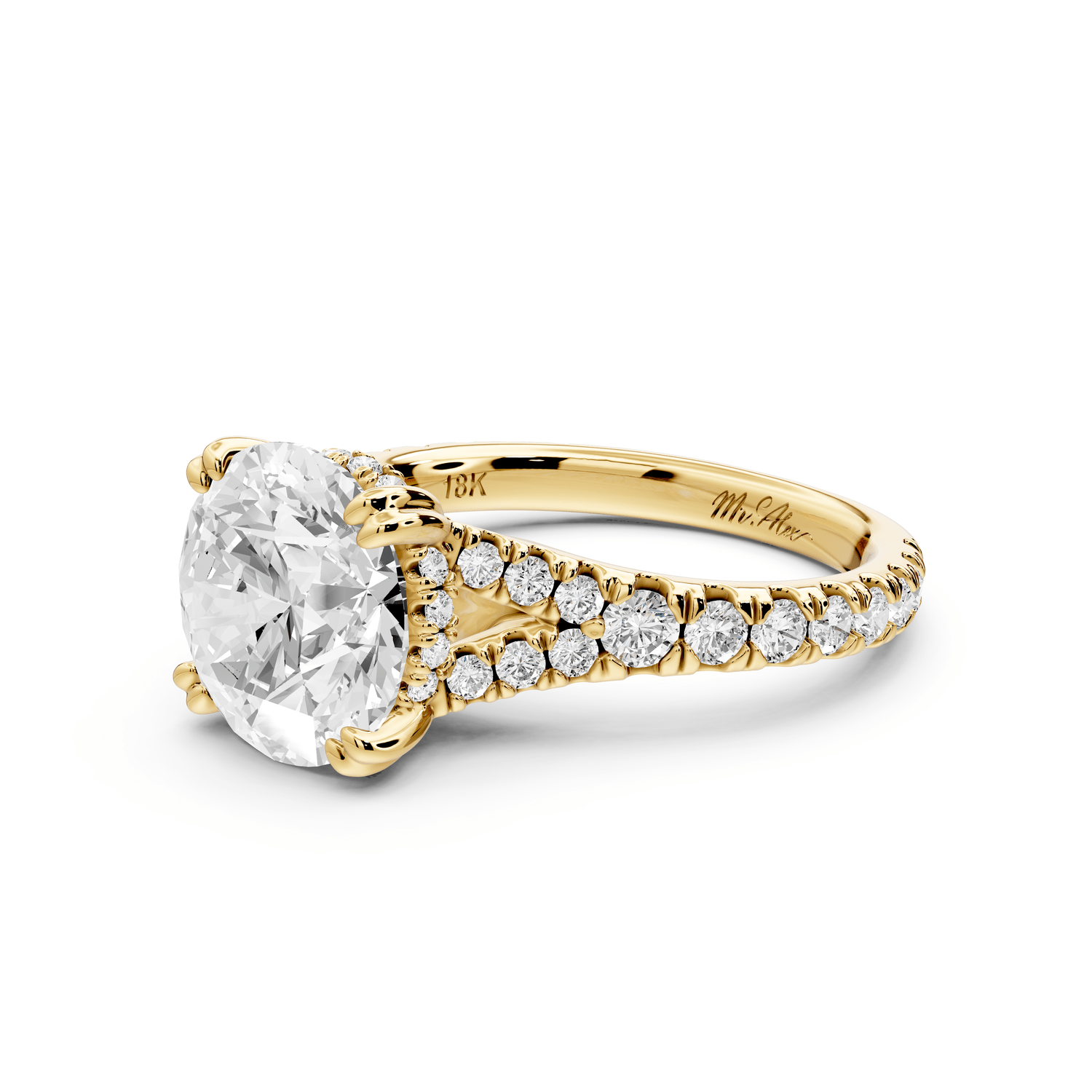 Rosalie - 3ct 14k yellow gold round Pavé Cathedral Hidden Halo with Diamond Bridge split shank Engagement Ring - Mr. Alex Jewelry