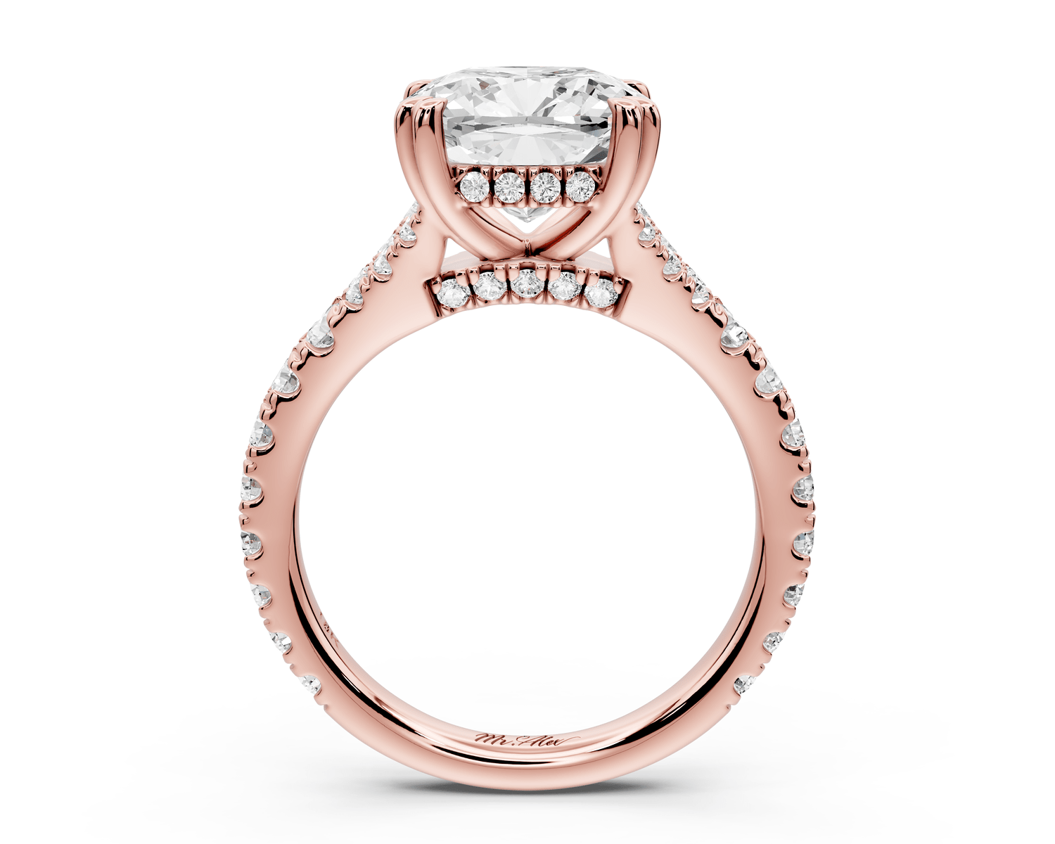 Rosalie - 3ct 18k rose gold cushion Pavé Cathedral Hidden Halo with Diamond Bridge split shank Engagement Ring - Mr. Alex Jewelry