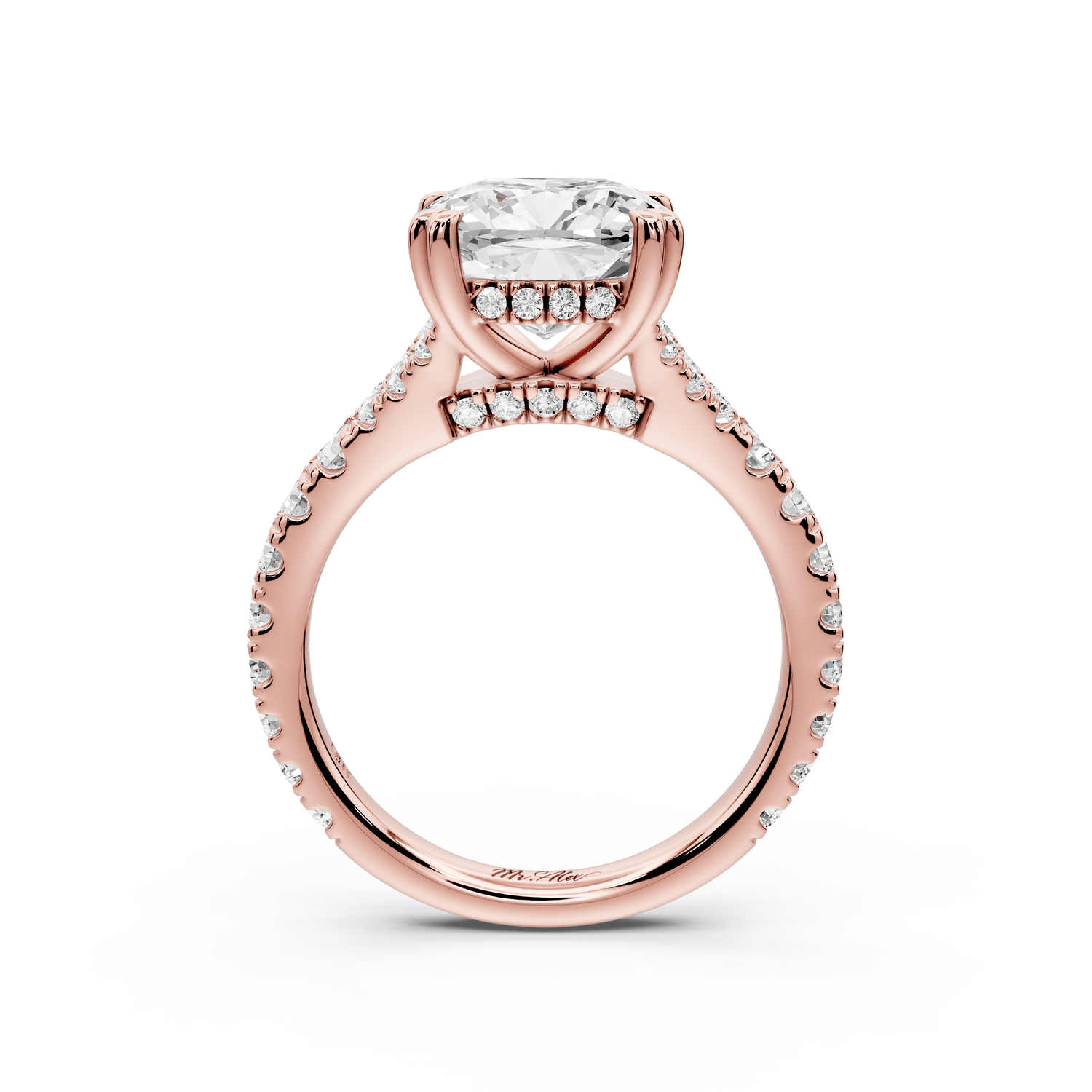 Rosalie - 3ct 18k rose gold cushion Pavé Cathedral Hidden Halo with Diamond Bridge split shank Engagement Ring - Mr. Alex Jewelry