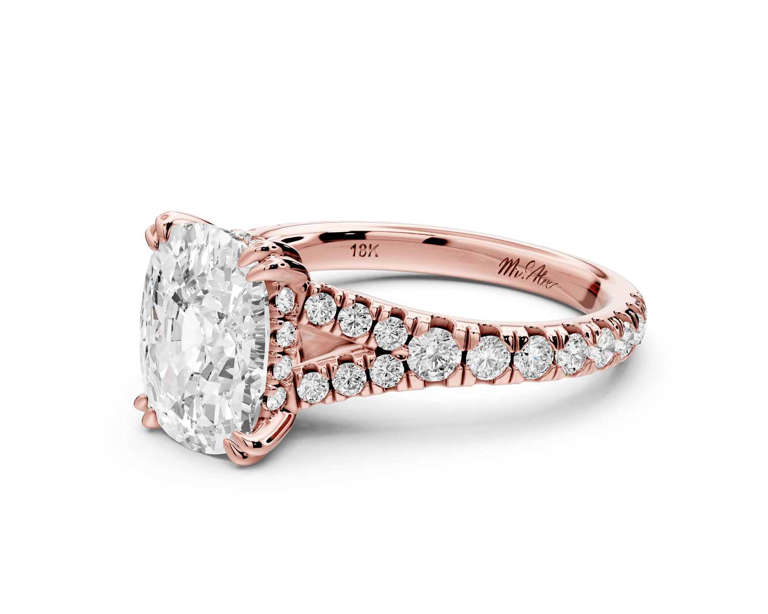 Rosalie - 3ct 18k rose gold ecushion Pavé Cathedral Hidden Halo with Diamond Bridge split shank Engagement Ring - Mr. Alex Jewelry