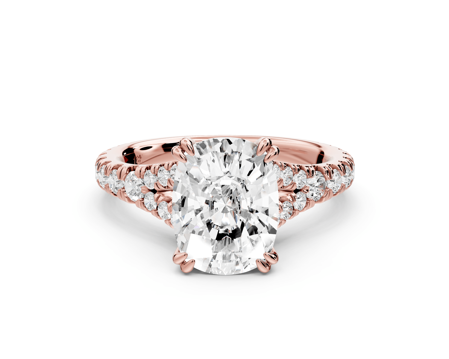 Rosalie - 3ct 18k rose gold ecushion Pavé Cathedral Hidden Halo with Diamond Bridge split shank Engagement Ring - Mr. Alex Jewelry