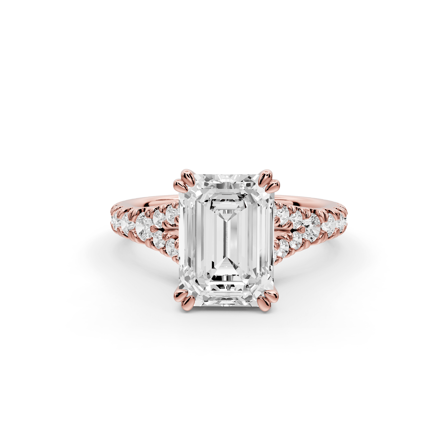 Rosalie - 3ct 18k rose gold emerald Pavé Cathedral Hidden Halo with Diamond Bridge split shank Engagement Ring - Mr. Alex Jewelry