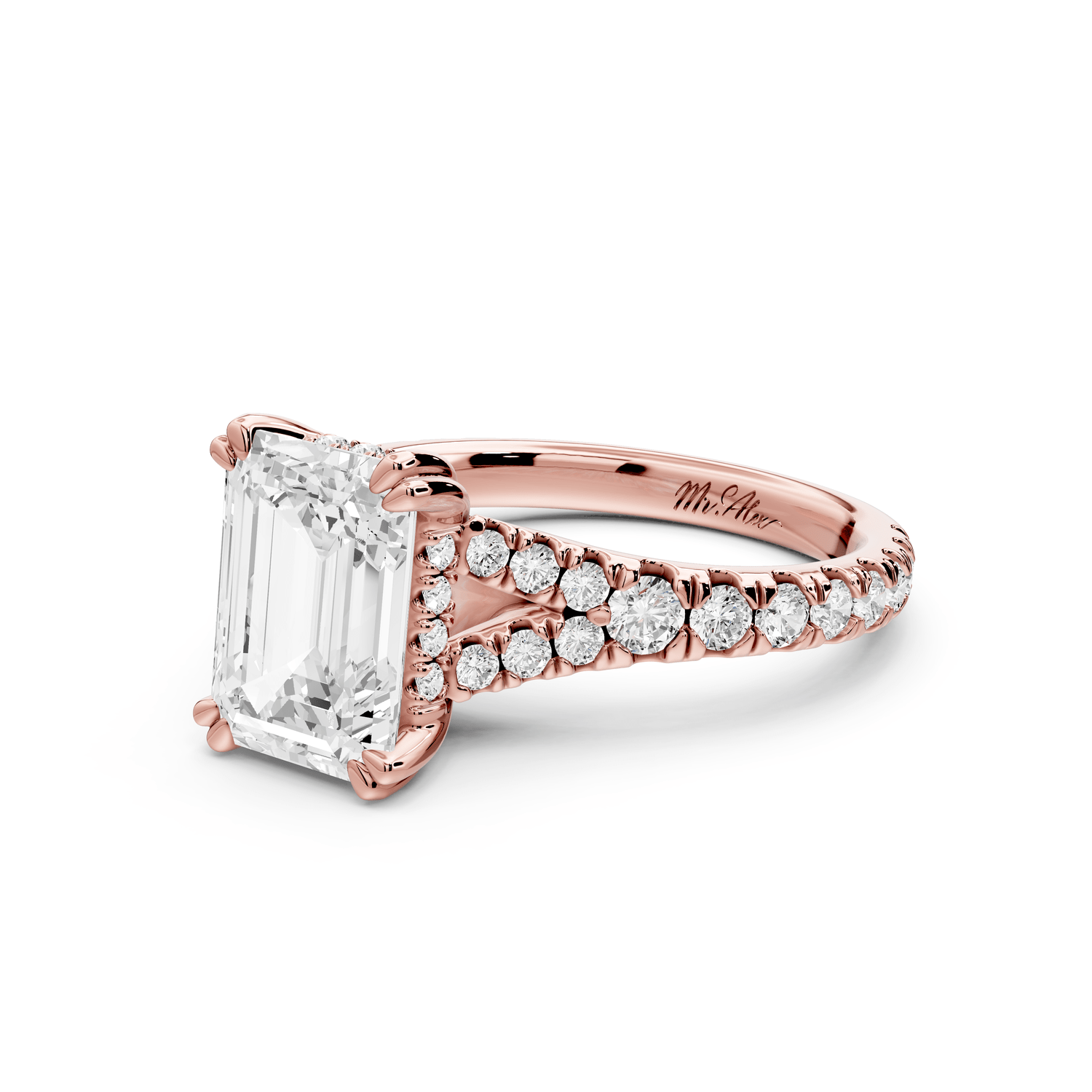 Rosalie - 3ct 18k rose gold emerald Pavé Cathedral Hidden Halo with Diamond Bridge split shank Engagement Ring - Mr. Alex Jewelry