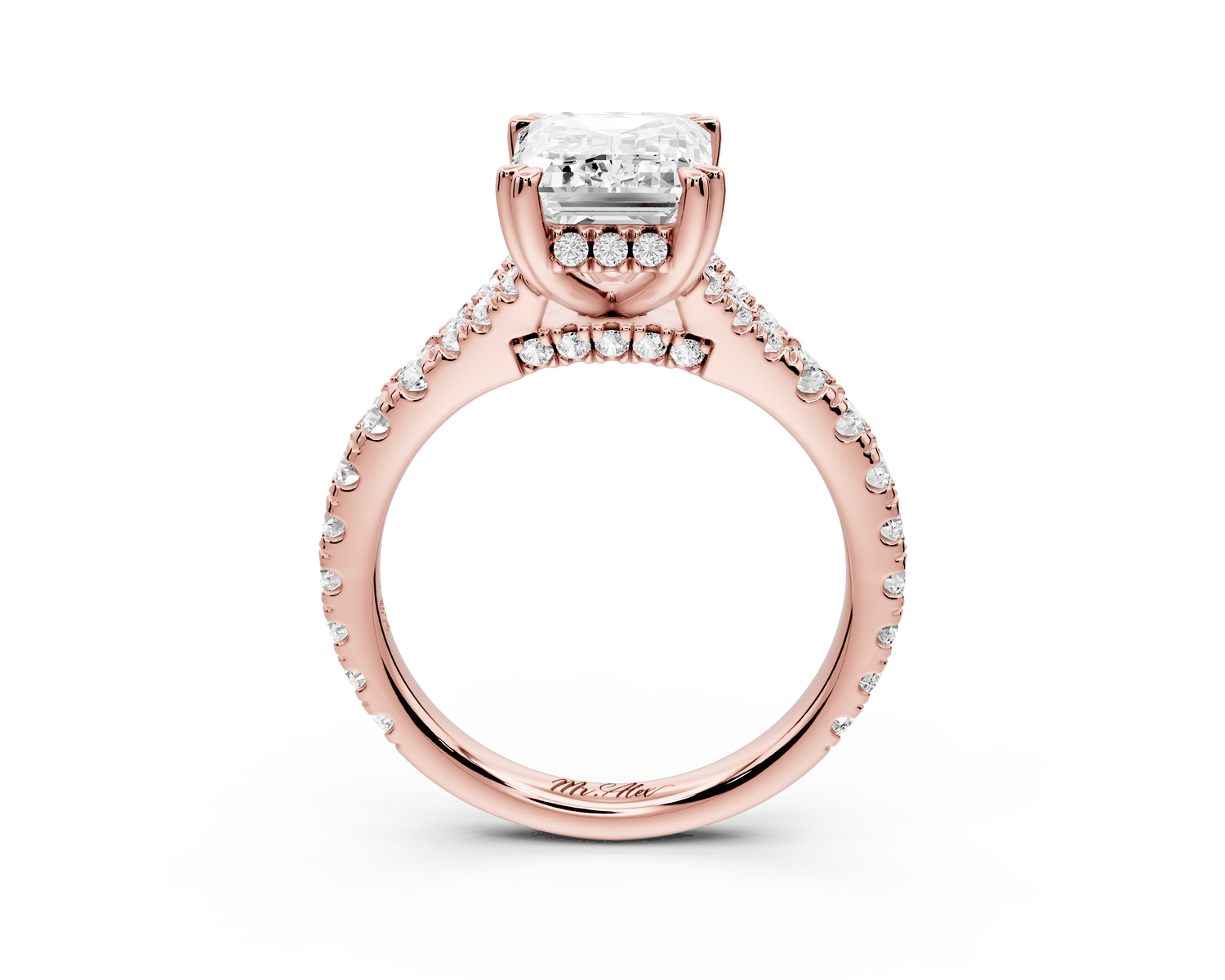 Rosalie - 3ct 18k rose gold emerald Pavé Cathedral Hidden Halo with Diamond Bridge split shank Engagement Ring - Mr. Alex Jewelry