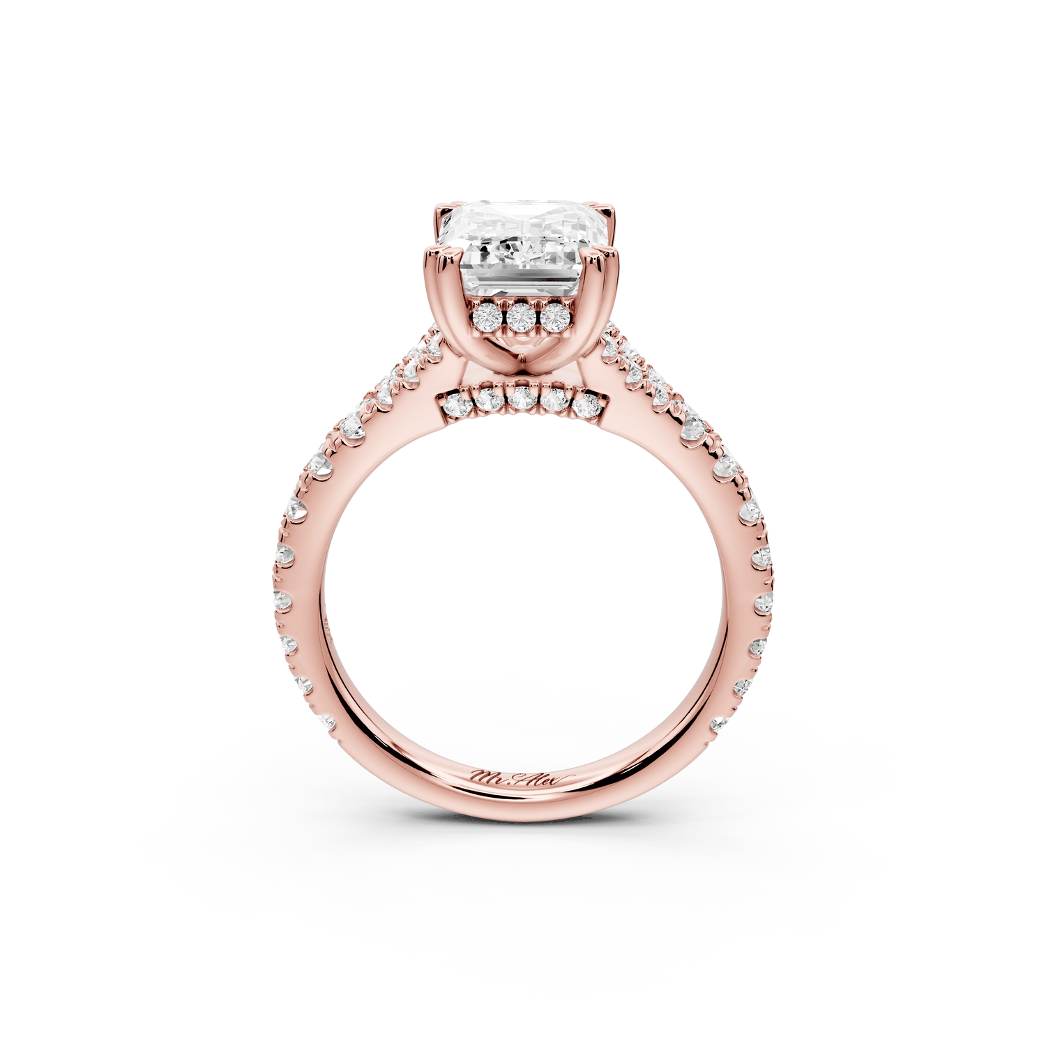 Rosalie - 3ct 18k rose gold emerald Pavé Cathedral Hidden Halo with Diamond Bridge split shank Engagement Ring - Mr. Alex Jewelry